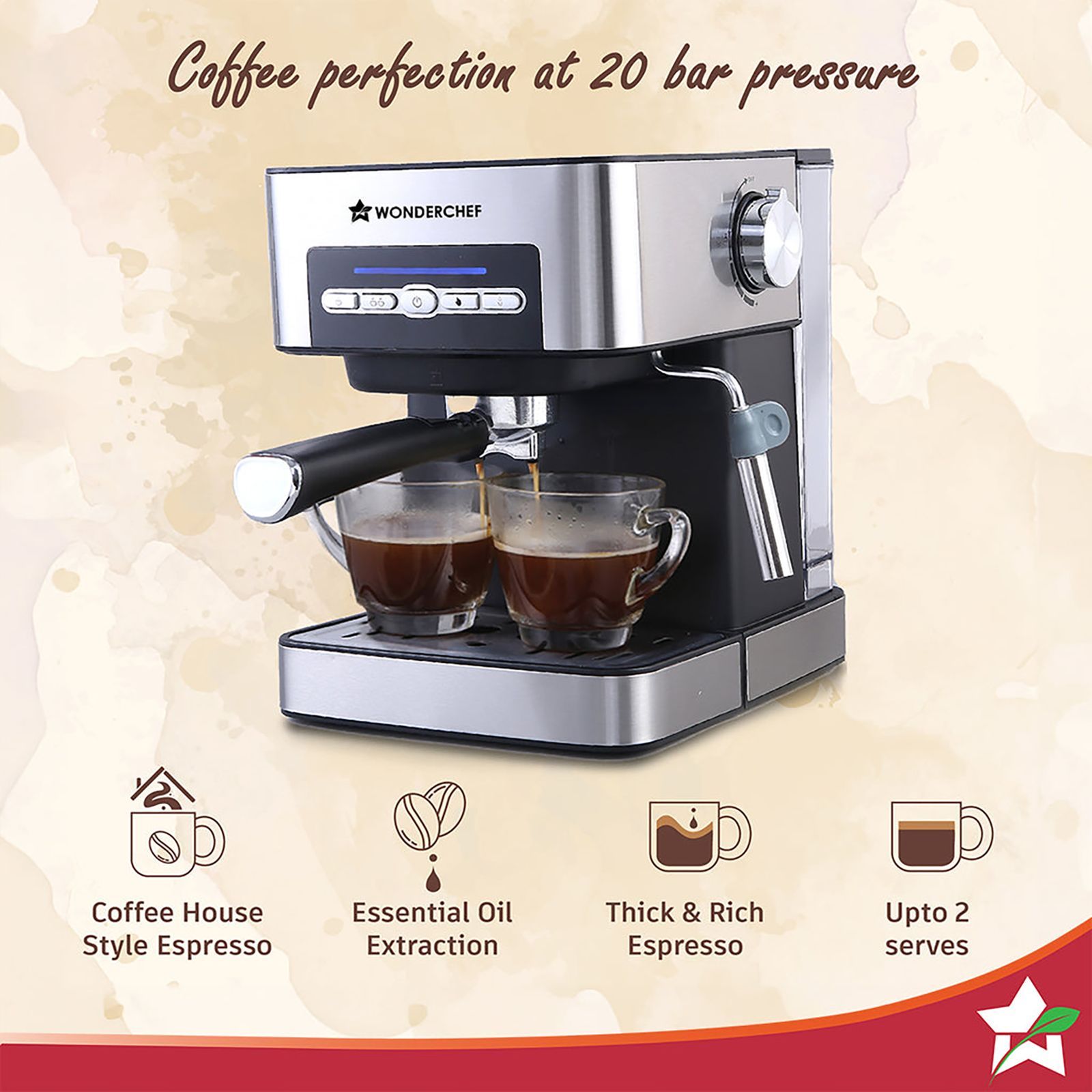 WONDERCHEF Regalia 850 Watt 2 Cups Semi-Automatic Espresso, Cappuccino, Latte, Macchiato & Ristretto Coffee Maker with Anti Slip Base (Black & Silver)_17