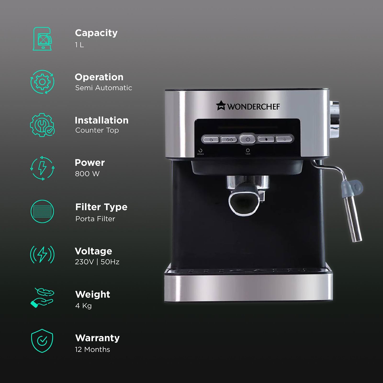 WONDERCHEF Regalia 850 Watt 2 Cups Semi-Automatic Espresso, Cappuccino, Latte, Macchiato & Ristretto Coffee Maker with Anti Slip Base (Black & Silver)_3