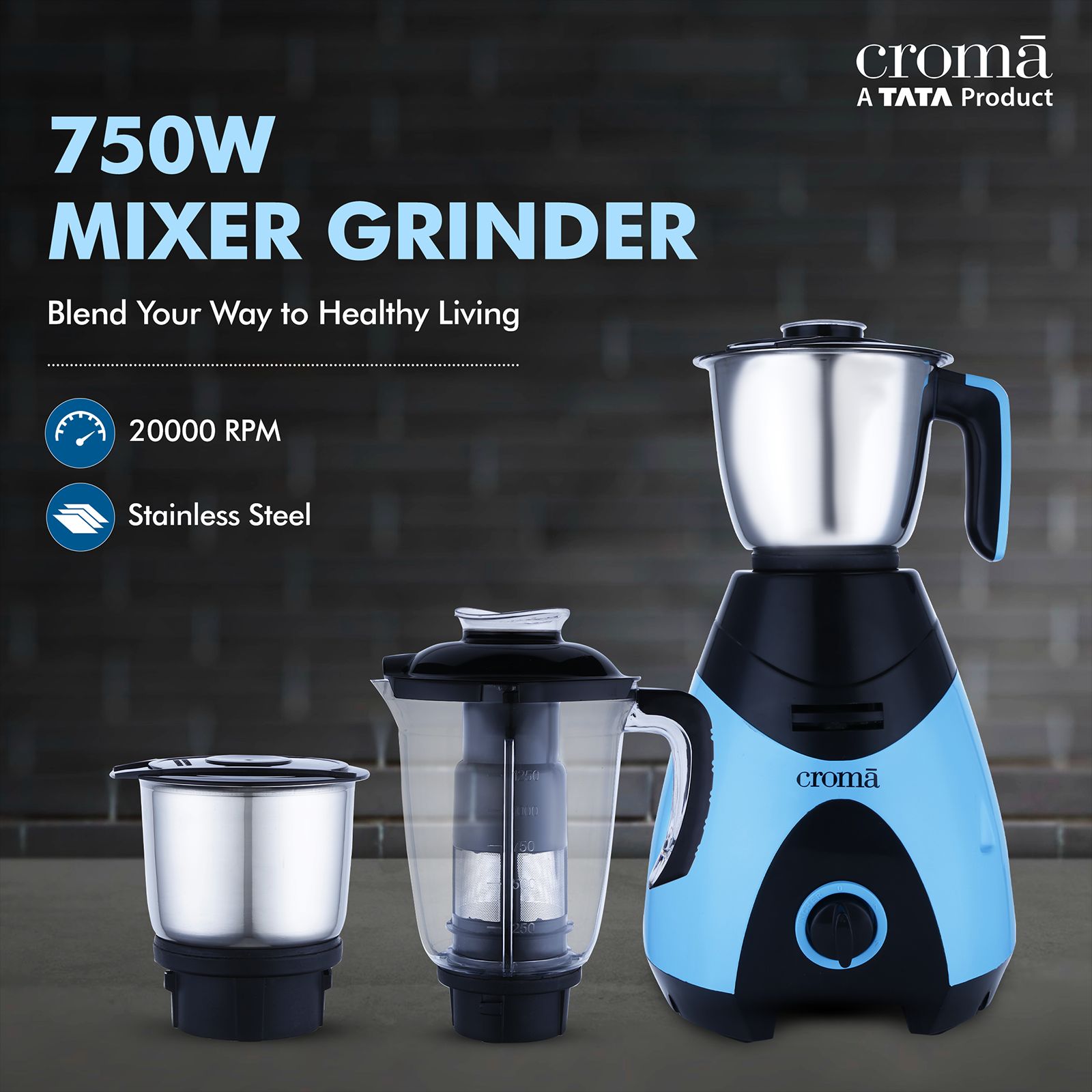 Croma 750 Watt 4 Jars Juicer Mixer Grinder (20000 RPM, Shock Proof Body, Black/Blue) Croma 750 Watt 4 Jars Juicer Mixer Grinder (20000 RPM, Shock Proof Body, Black/Blue)_8