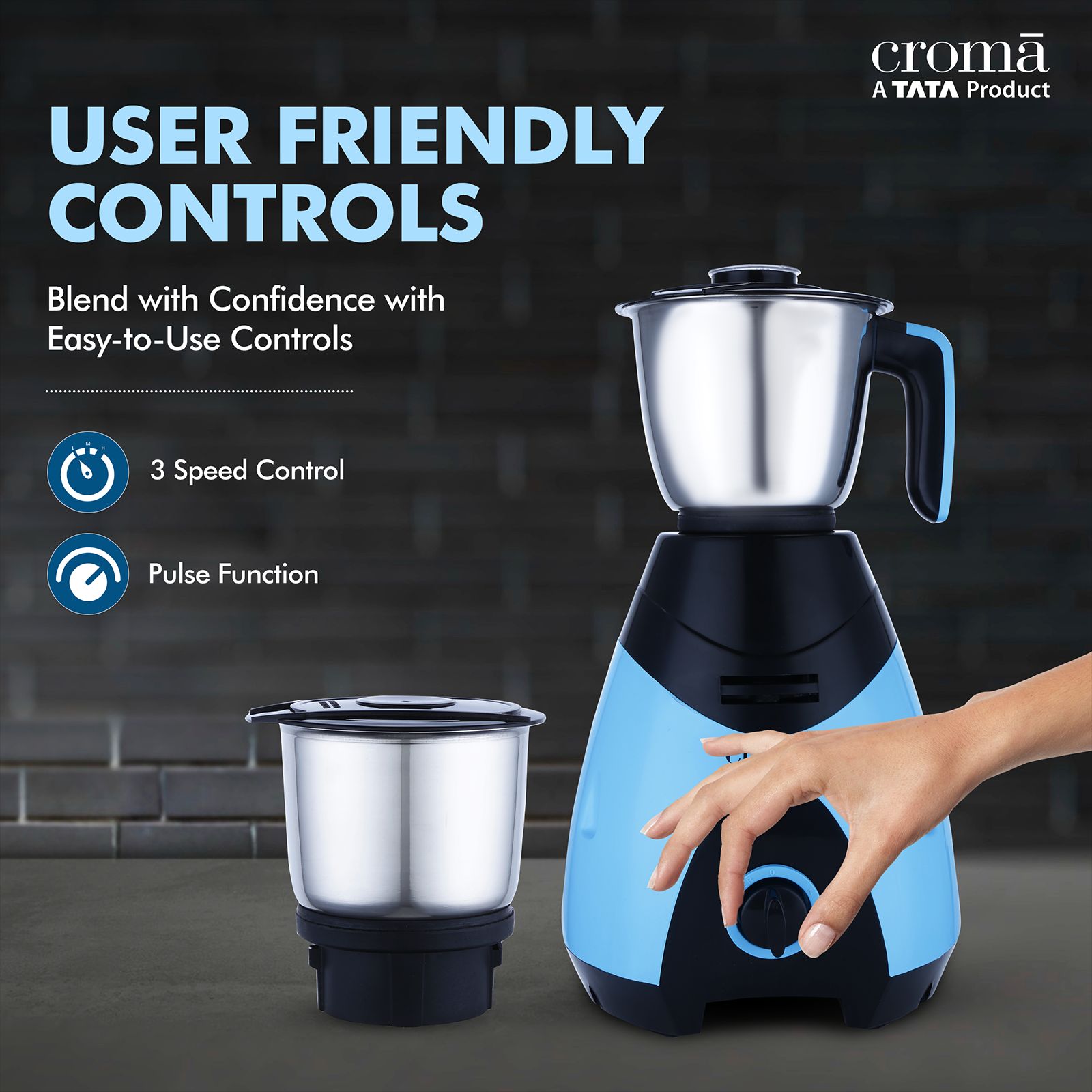 Croma 750 Watt 4 Jars Juicer Mixer Grinder (20000 RPM, Shock Proof Body, Black/Blue) Croma 750 Watt 4 Jars Juicer Mixer Grinder (20000 RPM, Shock Proof Body, Black/Blue)_11