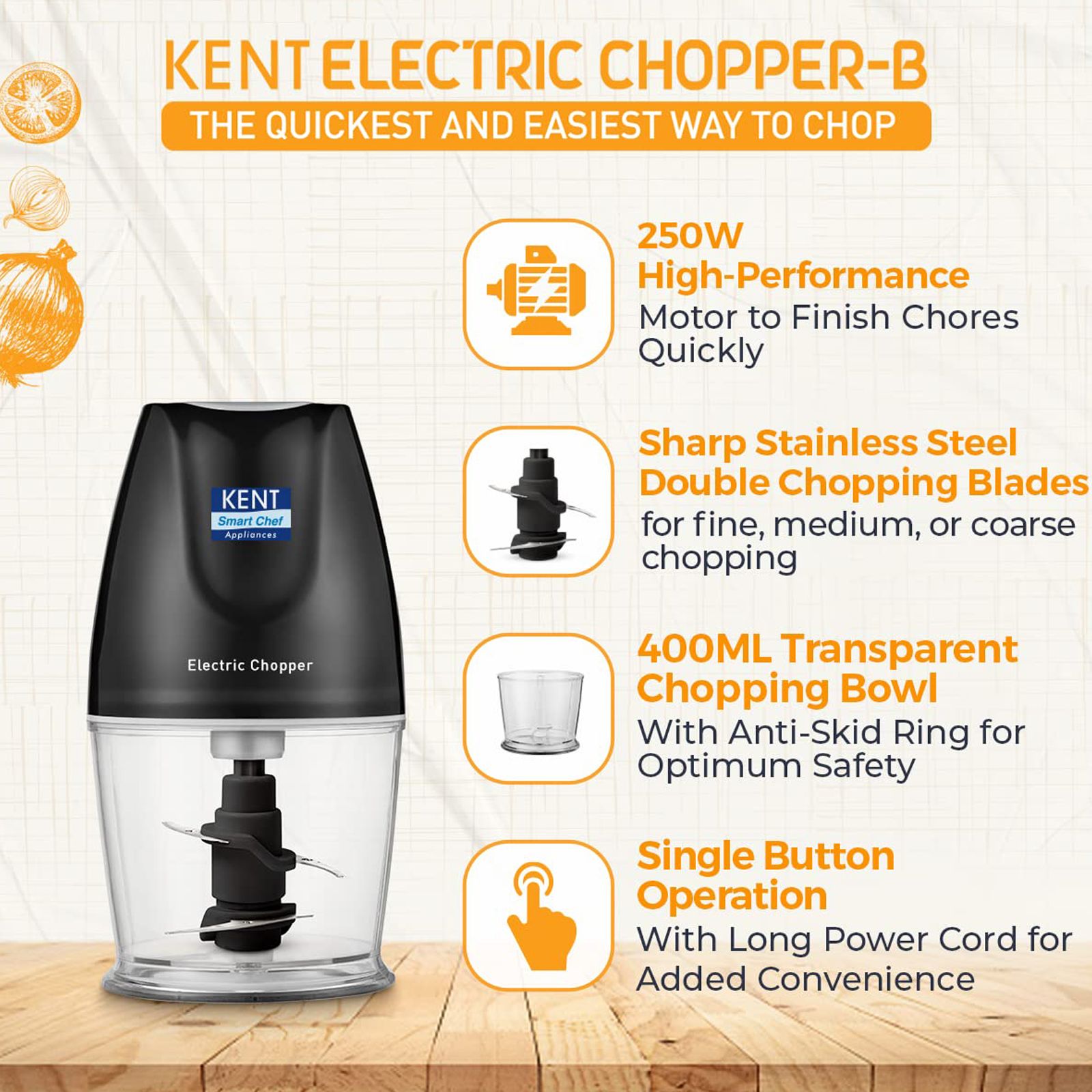 KENT 250 Watt Vegetable Chopper with 2 Blades (Black)_4