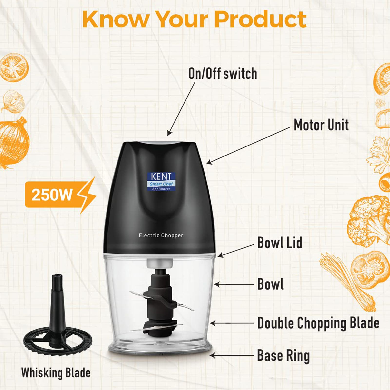 KENT 250 Watt Vegetable Chopper with 2 Blades (Black)_6