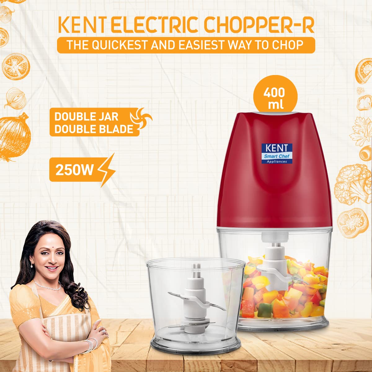 KENT 250 Watt Vegetable Chopper with 2 Blades (Red)_10