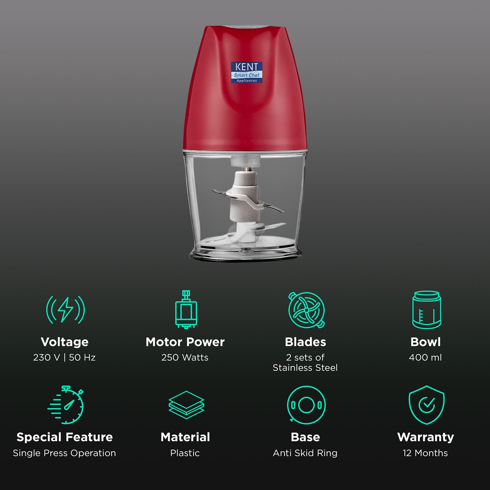 KENT 250 Watt Vegetable Chopper with 2 Blades (Red)_2
