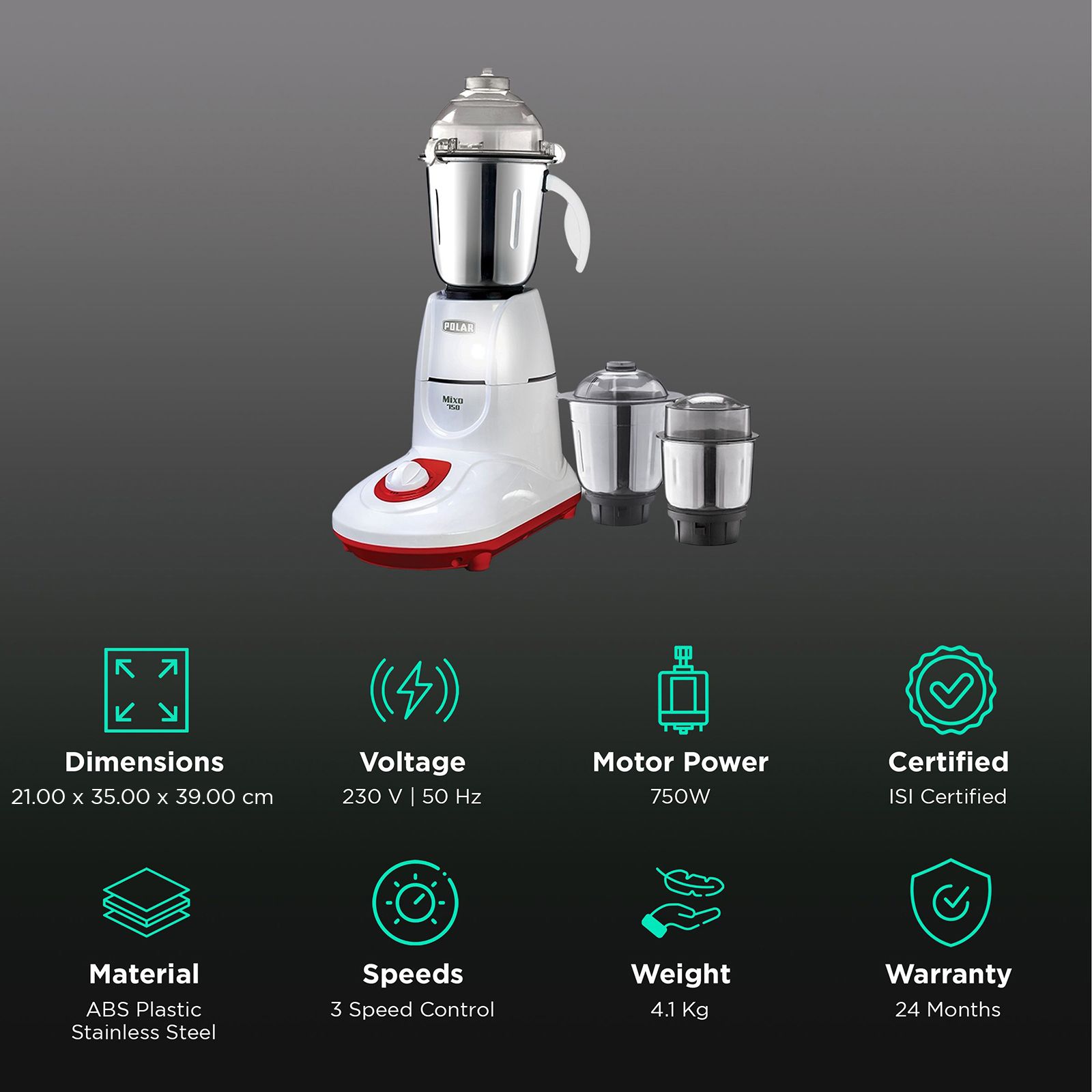 POLAR MIXO 750 Watt 3 Jars Mixer Grinder (Shock Proof Body, White)_2