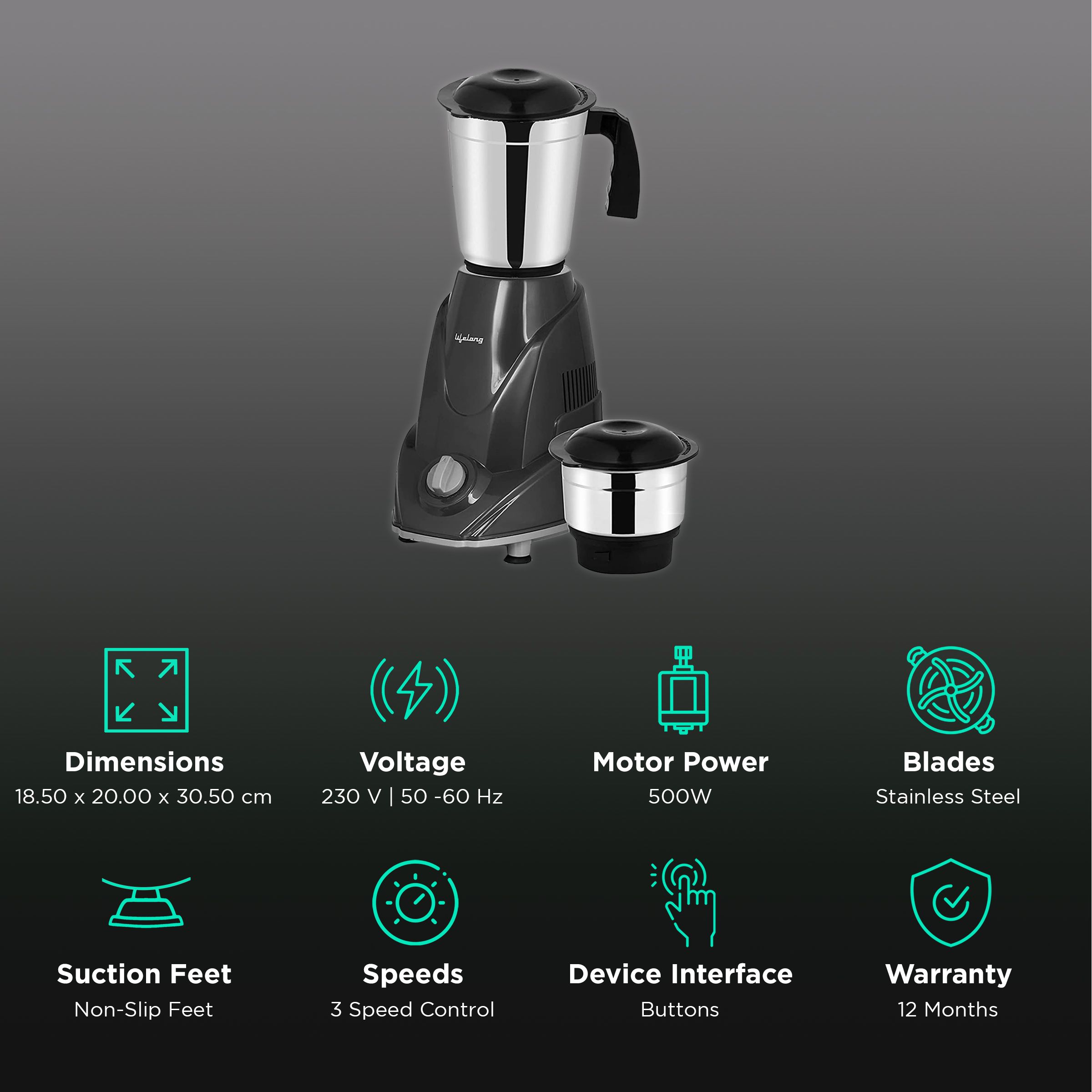 Lifelong Duos 500 Watt 2 Jars Mixer Grinder (Shock Proof Body, Grey) Lifelong Duos 500 Watt 2 Jars Mixer Grinder (Shock Proof Body, Grey)_2