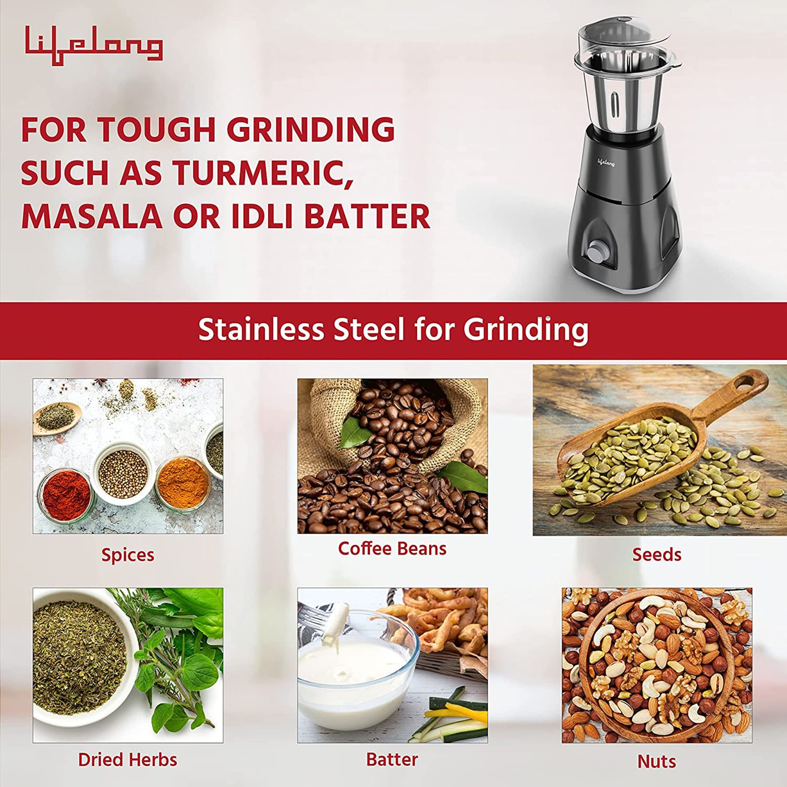 Lifelong Uno LX 350 Watt 1 Jar Mixer Grinder (Ergonomic Design, Grey)_4