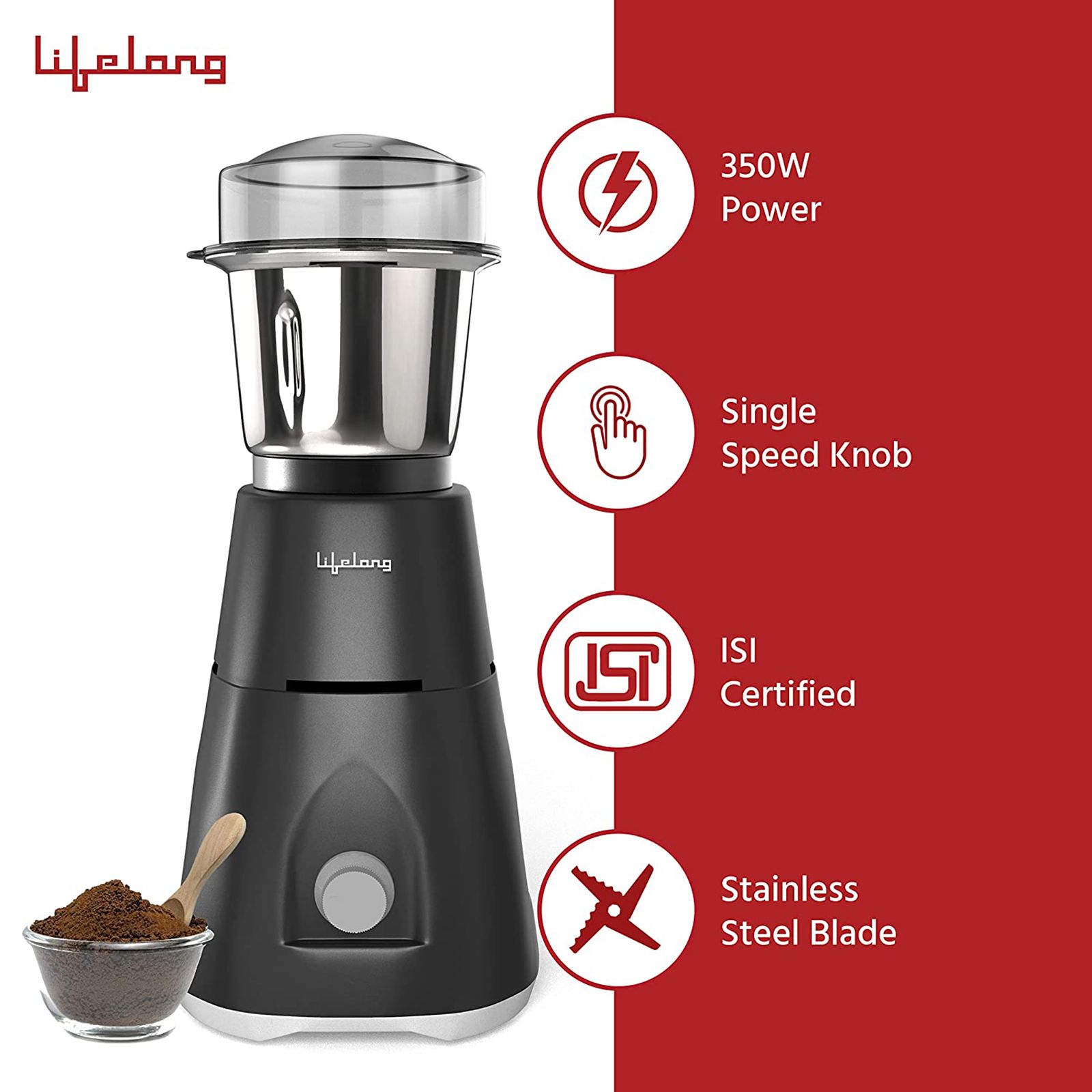Lifelong Uno LX 350 Watt 1 Jar Mixer Grinder (Ergonomic Design, Grey)_7