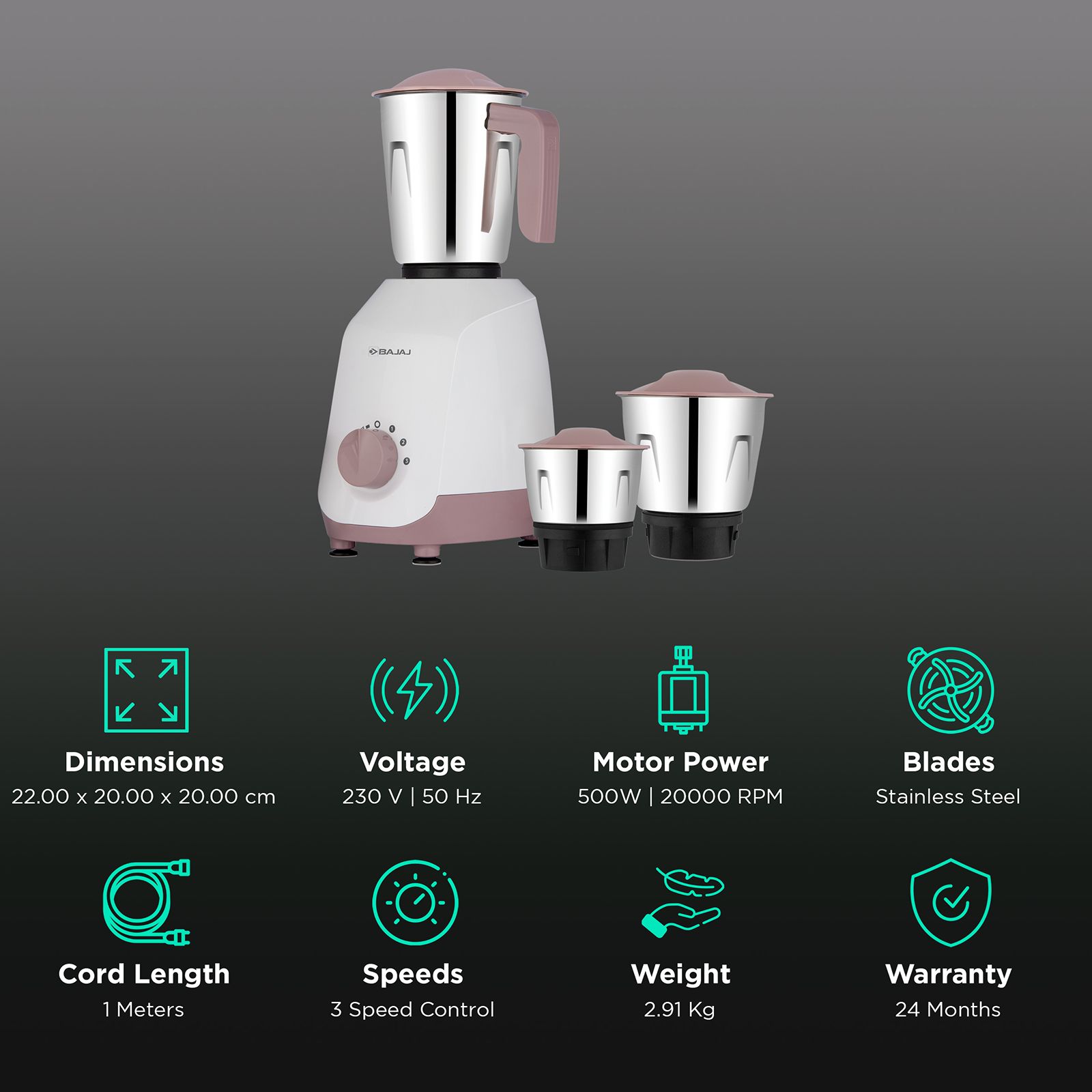 BAJAJ Ninja Series Gracio Lilac 500 Watt 3 Jars Mixer Grinder (20000 RPM, Pulse Mode, White and Lilac)_2