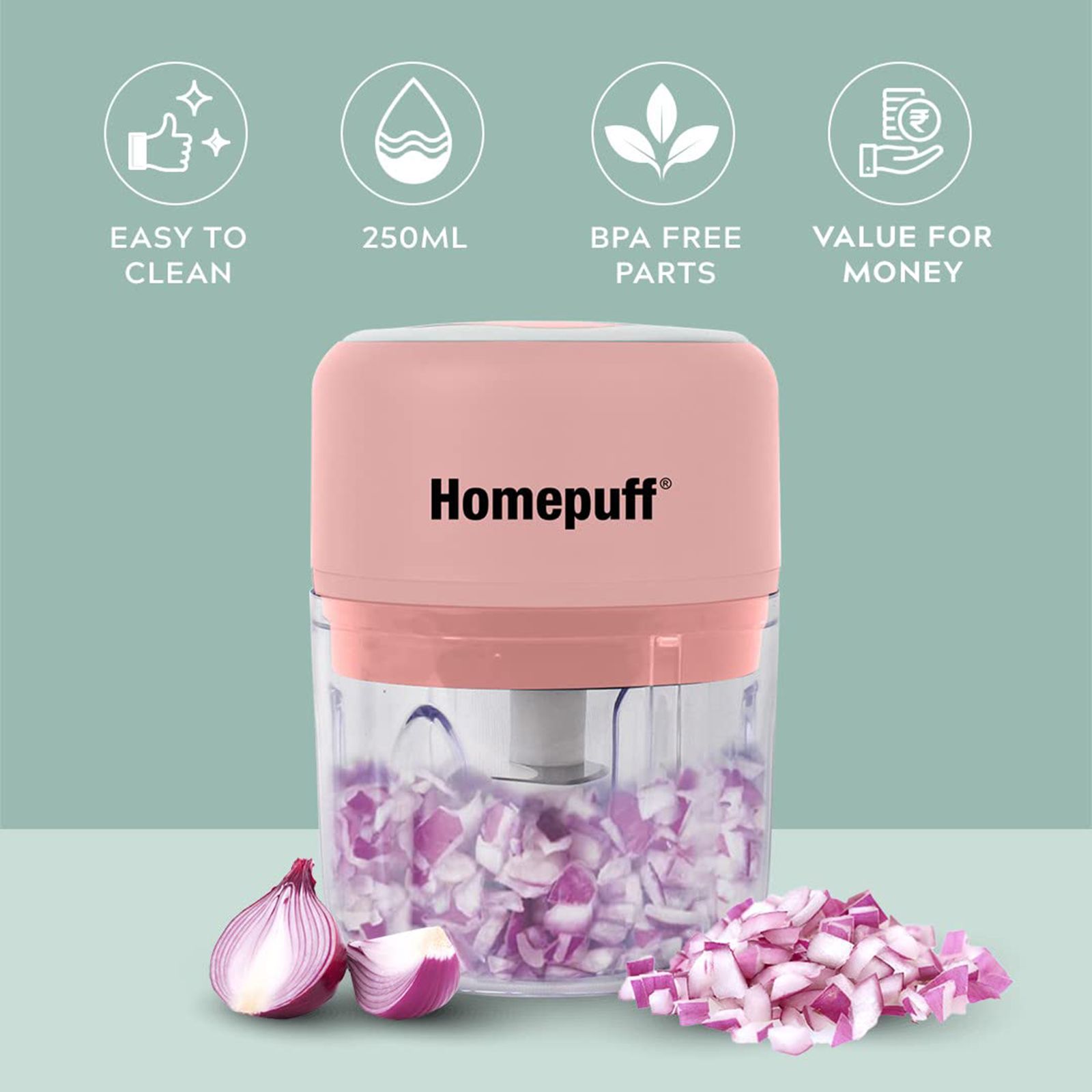 HomePuff 30 Watt Electric Vegetable Chopper with 3 Blades (Pink) HomePuff 30 Watt Electric Vegetable Chopper with 3 Blades (Pink)_9