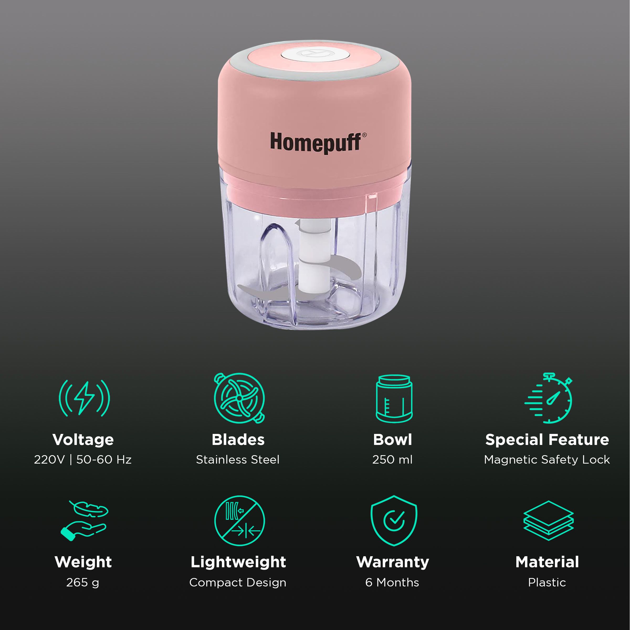 HomePuff 30 Watt Electric Vegetable Chopper with 3 Blades (Pink) HomePuff 30 Watt Electric Vegetable Chopper with 3 Blades (Pink)_2