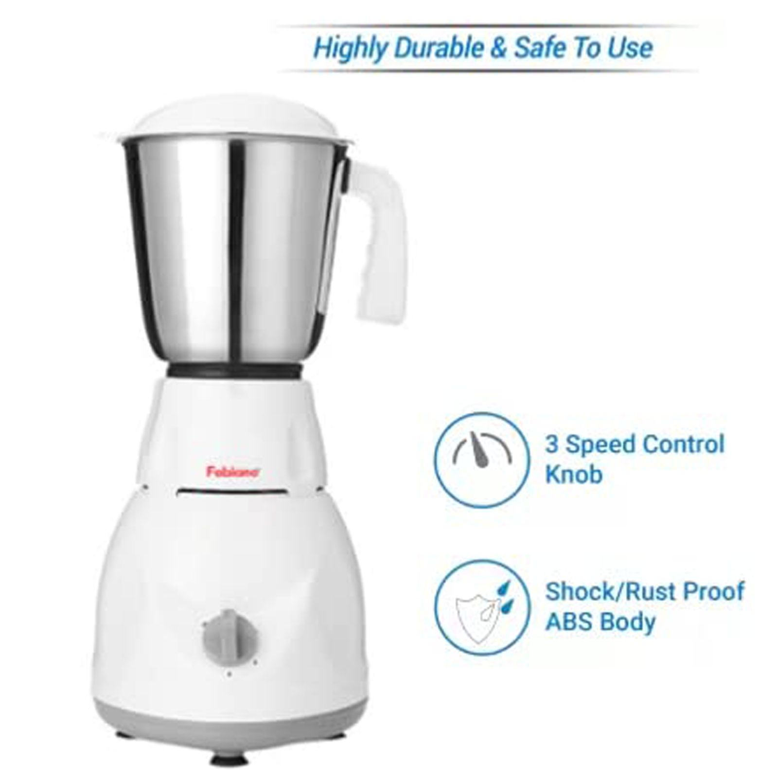 Fabiano Tulip 500 Watt 3 Jars Mixer Grinder (3 Speed Settings, White and Grey)_4