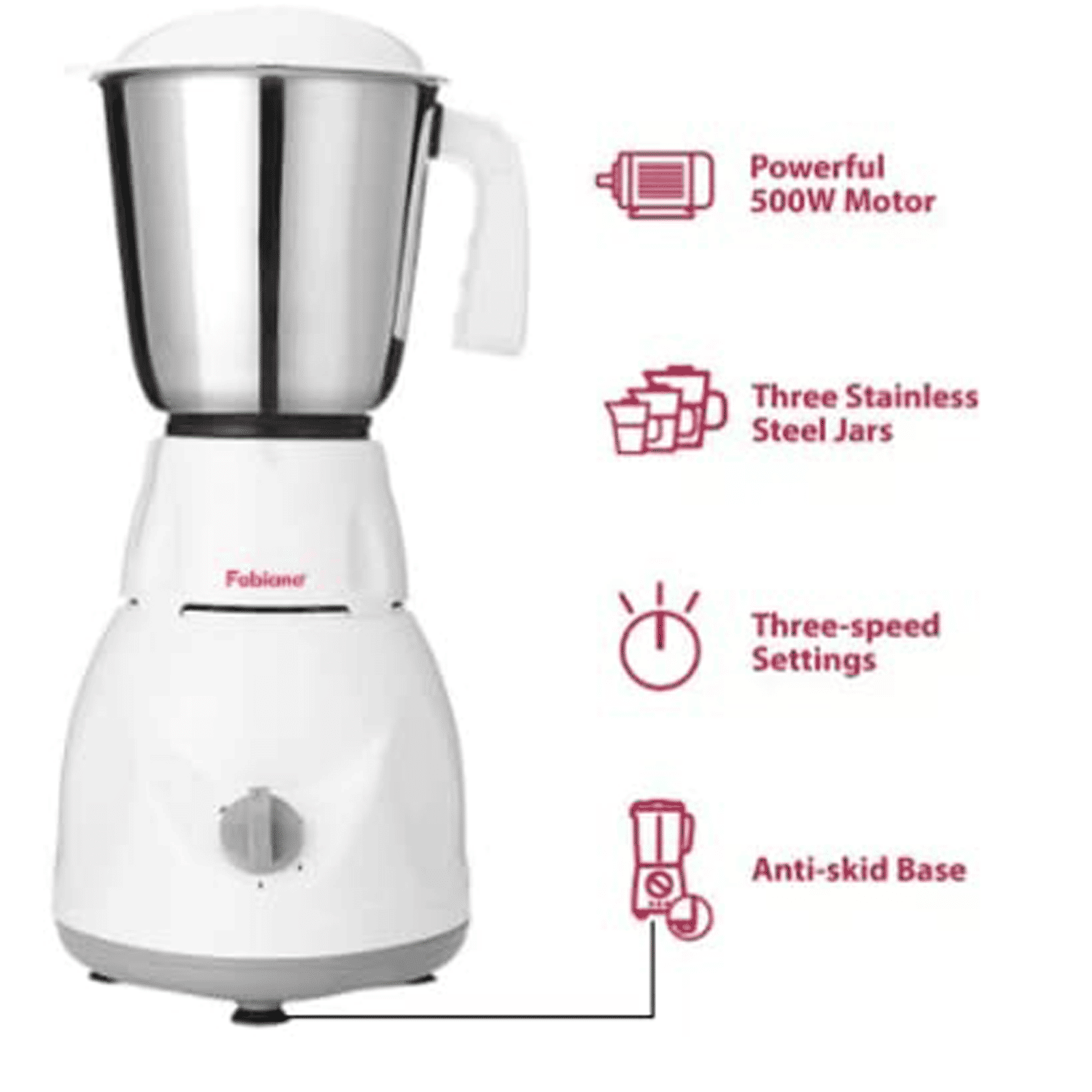 Fabiano Tulip 500 Watt 3 Jars Mixer Grinder (3 Speed Settings, White and Grey)_6
