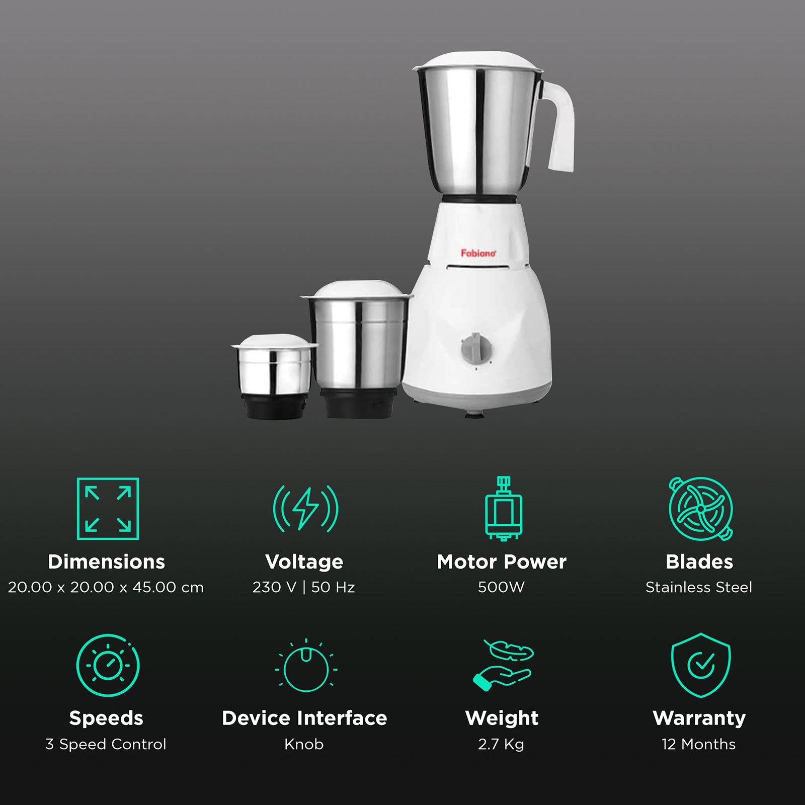 Fabiano Tulip 500 Watt 3 Jars Mixer Grinder (3 Speed Settings, White and Grey)_2