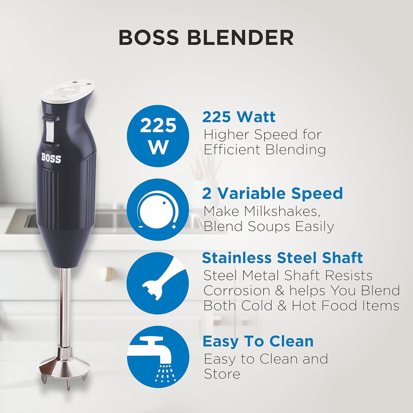BOSS B132 225 Watt 2 Speed Hand Blender (Stainless Steel Blades, Black) BOSS B132 225 Watt 2 Speed Hand Blender (Stainless Steel Blades, Black)_5