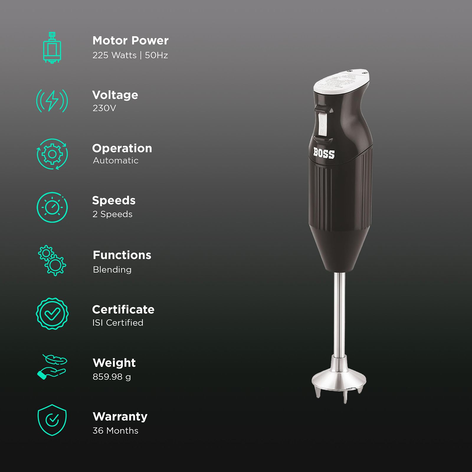 BOSS B132 225 Watt 2 Speed Hand Blender (Stainless Steel Blades, Black) BOSS B132 225 Watt 2 Speed Hand Blender (Stainless Steel Blades, Black)_2