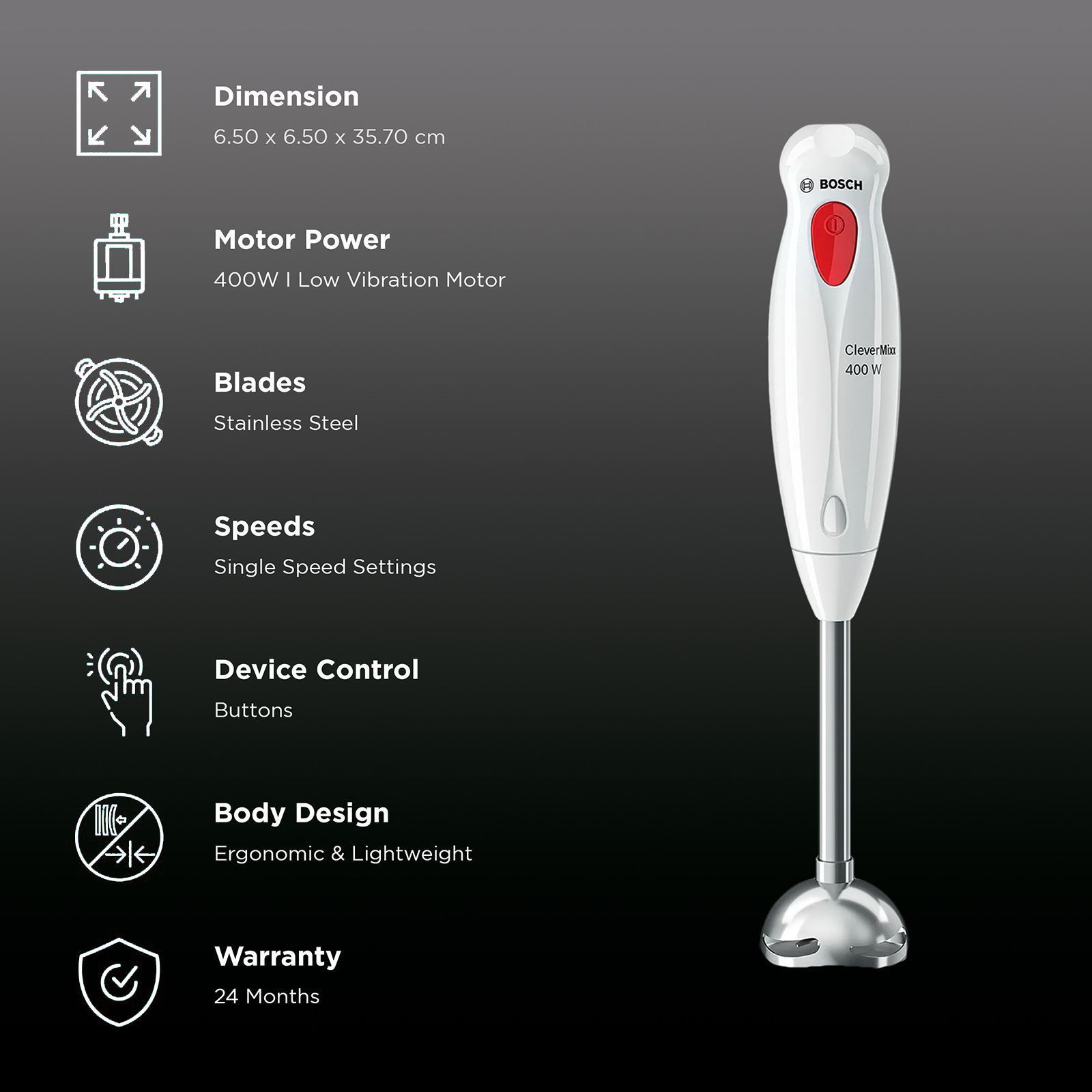 BOSCH CleverMixx 400 Watt 1 Speed Hand Blender (Pulse Function, White) BOSCH CleverMixx 400 Watt 1 Speed Hand Blender (Pulse Function, White)_2