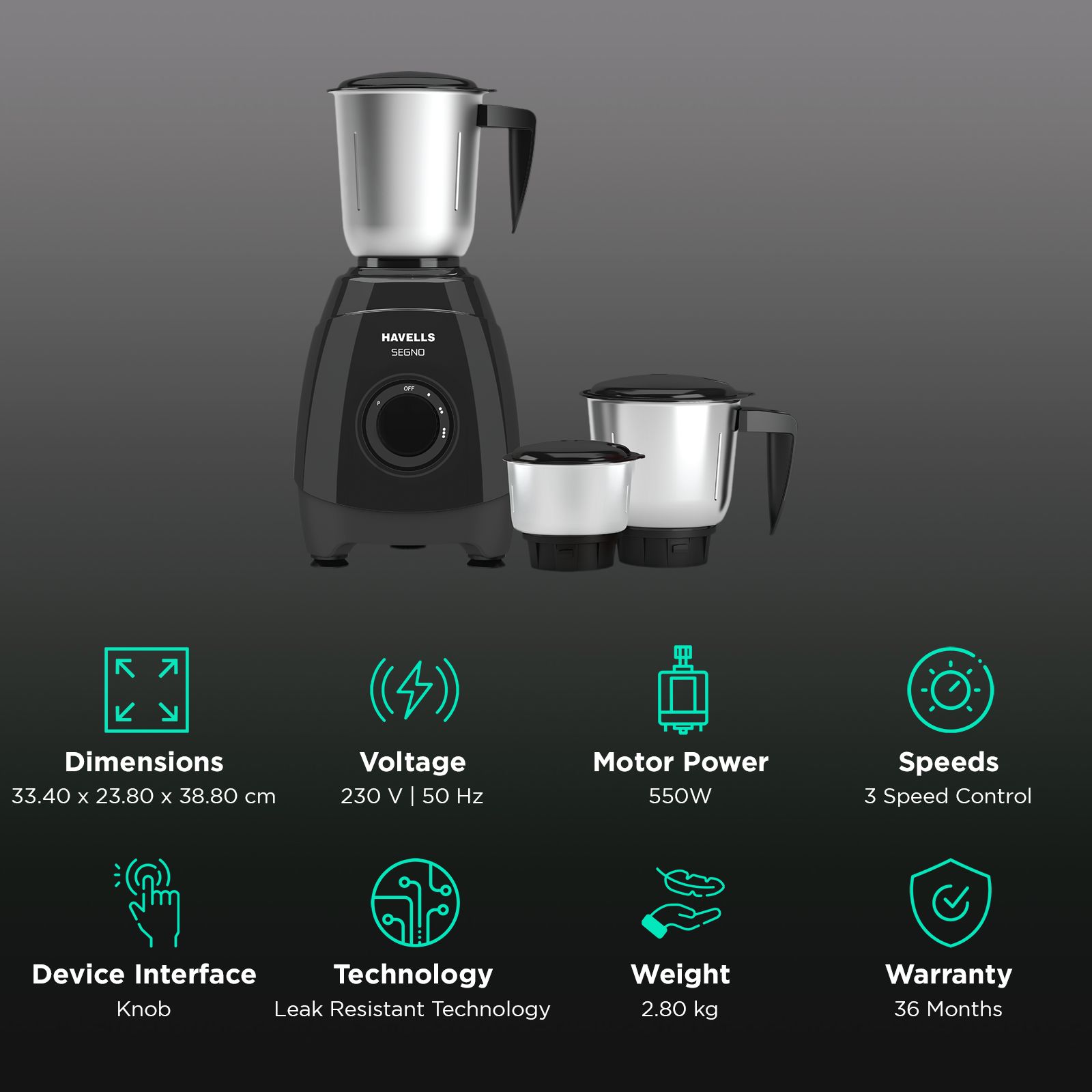 HAVELLS Segno Plus 550 Watt 3 Jars Juicer Mixer Grinder (21000 RPM, Heavy Duty Motor, Black) HAVELLS Segno Plus 550 Watt 3 Jars Juicer Mixer Grinder (21000 RPM, Heavy Duty Motor, Black)_2