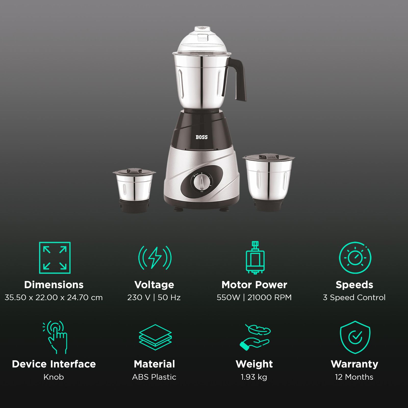 BOSS Thunder Deluxe 550 Watt 3 Jars Mixer Grinder (21000 RPM, Thunderous Performance, Black Silver) BOSS Thunder Deluxe 550 Watt 3 Jars Mixer Grinder (21000 RPM, Thunderous Performance, Black Silver)_2