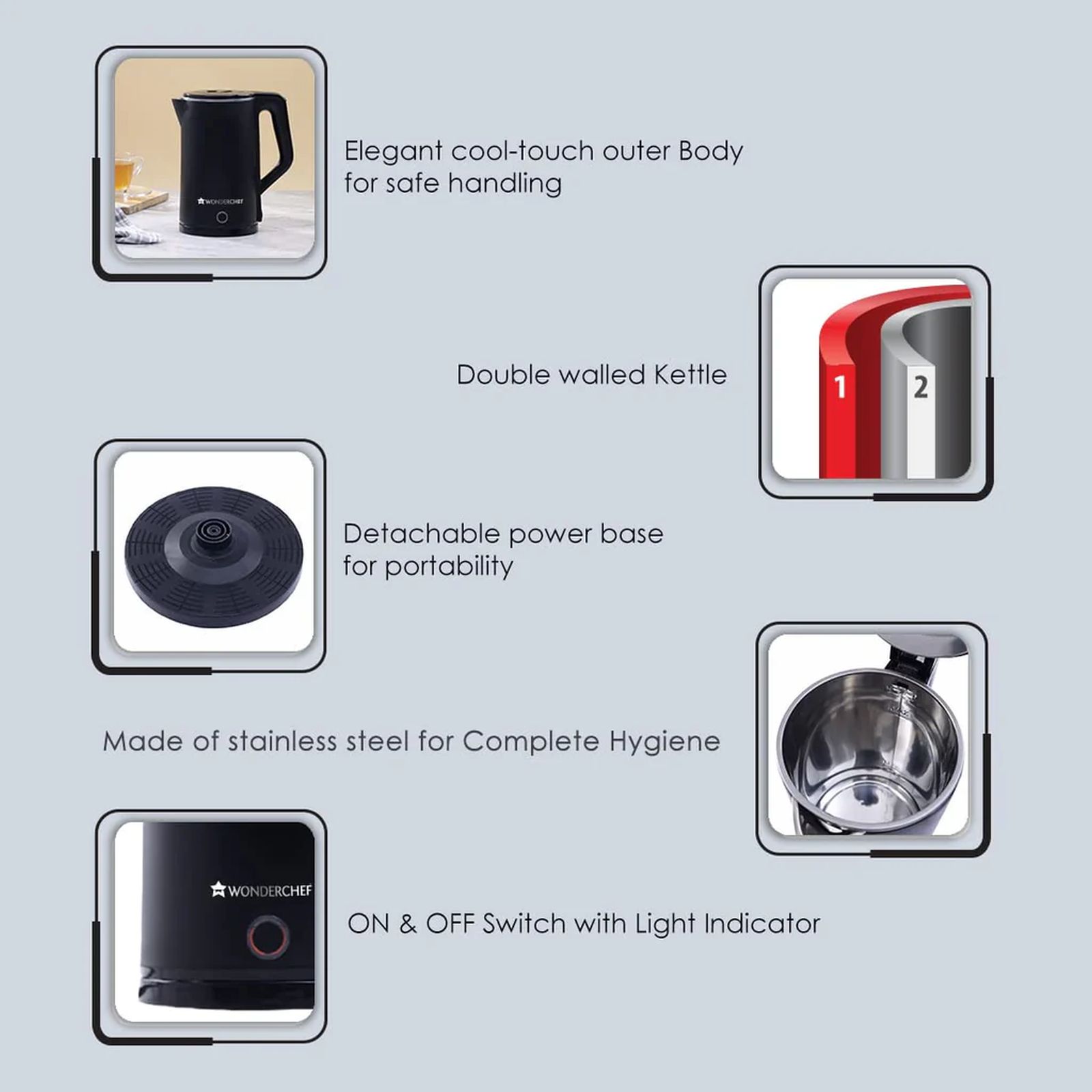 WONDERCHEF Cool Touch 1500 Watt 1.8 Litre Electric Kettle with Cool Touch Outer Body (Black) WONDERCHEF Cool Touch 1500 Watt 1.8 Litre Electric Kettle with Cool Touch Outer Body (Black)_8