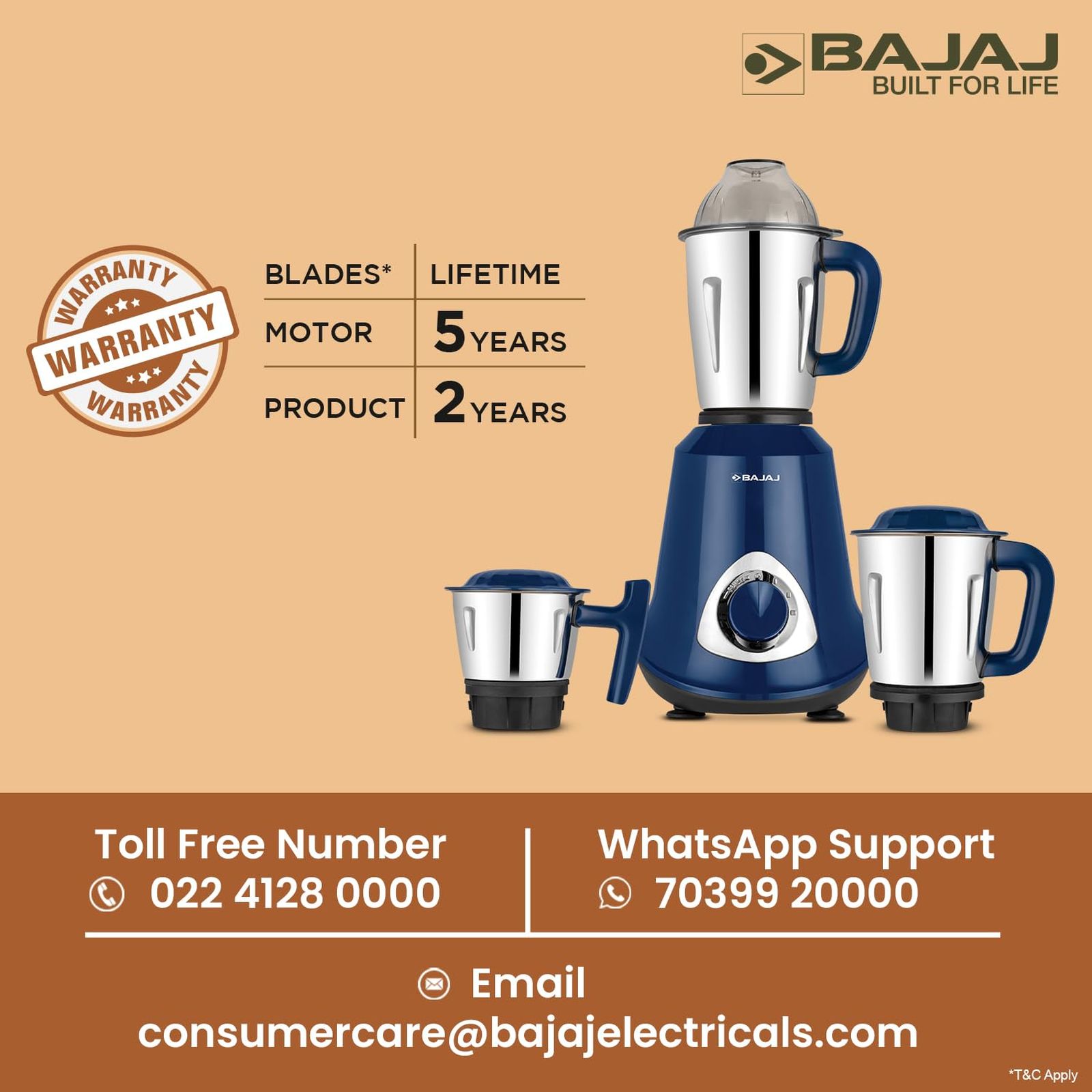 BAJAJ Military Series Glamore 800 Watt 3 Jars Mixer Grinder (20000 RPM, Auto Switch Off, Royal Blue)_7