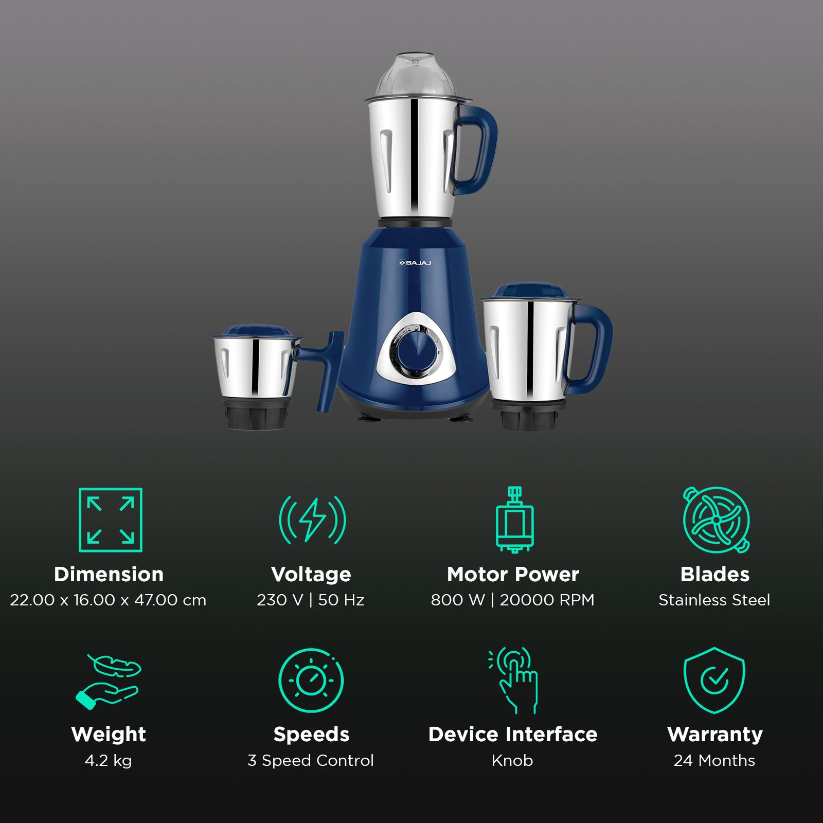 BAJAJ Military Series Glamore 800 Watt 3 Jars Mixer Grinder (20000 RPM, Auto Switch Off, Royal Blue)_3