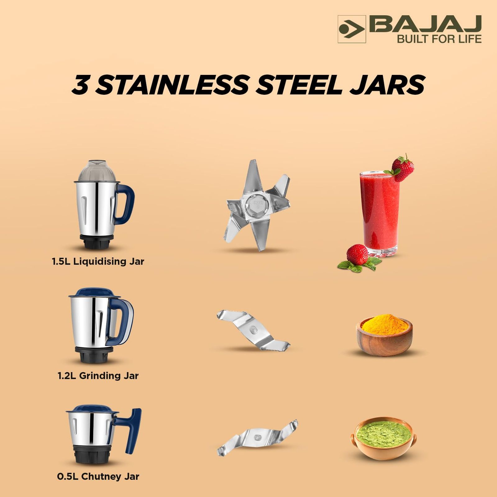 BAJAJ Military Series Glamore 800 Watt 3 Jars Mixer Grinder (20000 RPM, Auto Switch Off, Royal Blue)_5