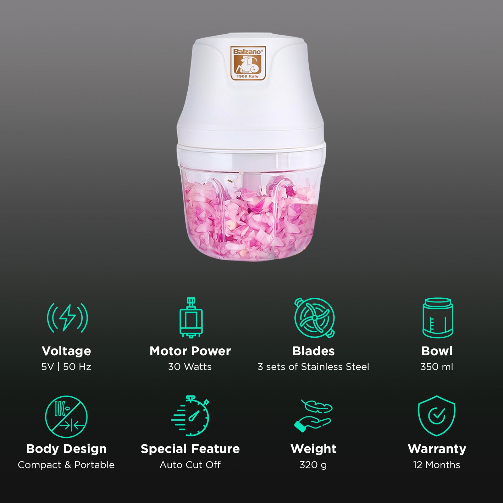 Balzano Chopper Max 30 Watt Electric Vegetable Chopper with 3 Blades (White)_2