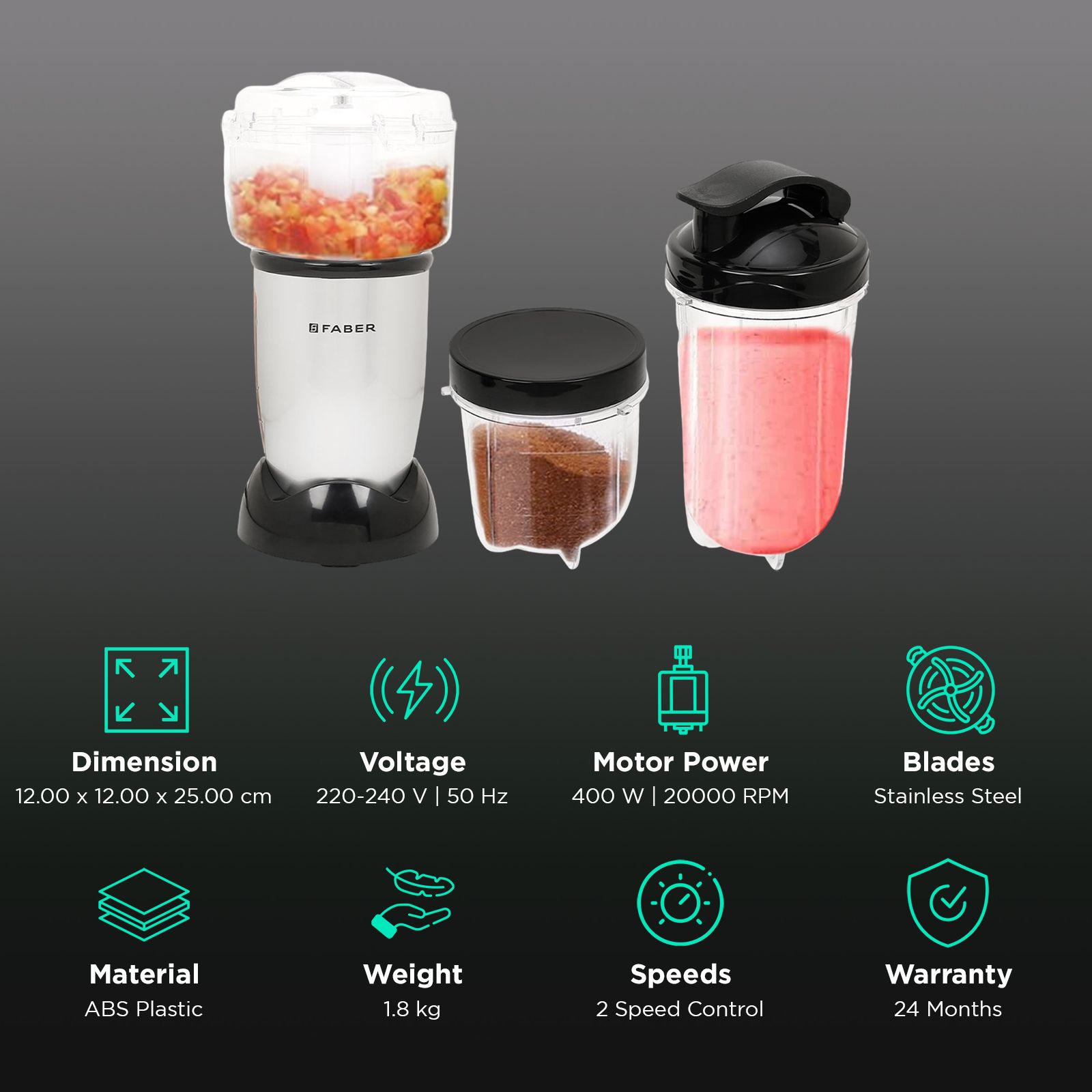 FABER Sportz 400 Watt 3 Jars Mixer Grinder Blender (20000 RPM, Precise Overheat Protector, Silver) FABER Sportz 400 Watt 3 Jars Mixer Grinder Blender (20000 RPM, Precise Overheat Protector, Silver)_3