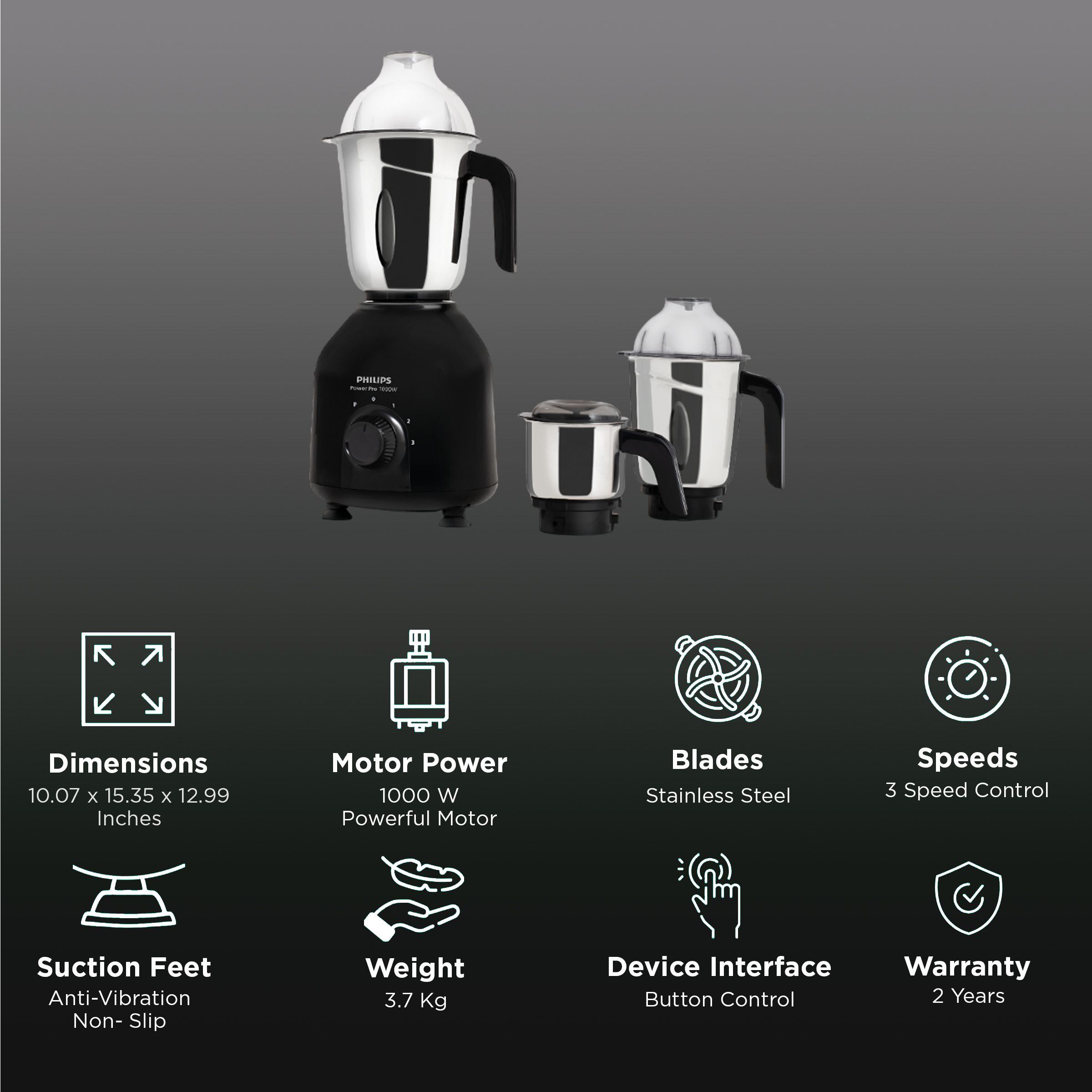 PHILIPS 1000 Watt 3 Jars Mixer Grinder (QuickCool Ventilation Technology, Black) PHILIPS 1000 Watt 3 Jars Mixer Grinder (QuickCool Ventilation Technology, Black)_3