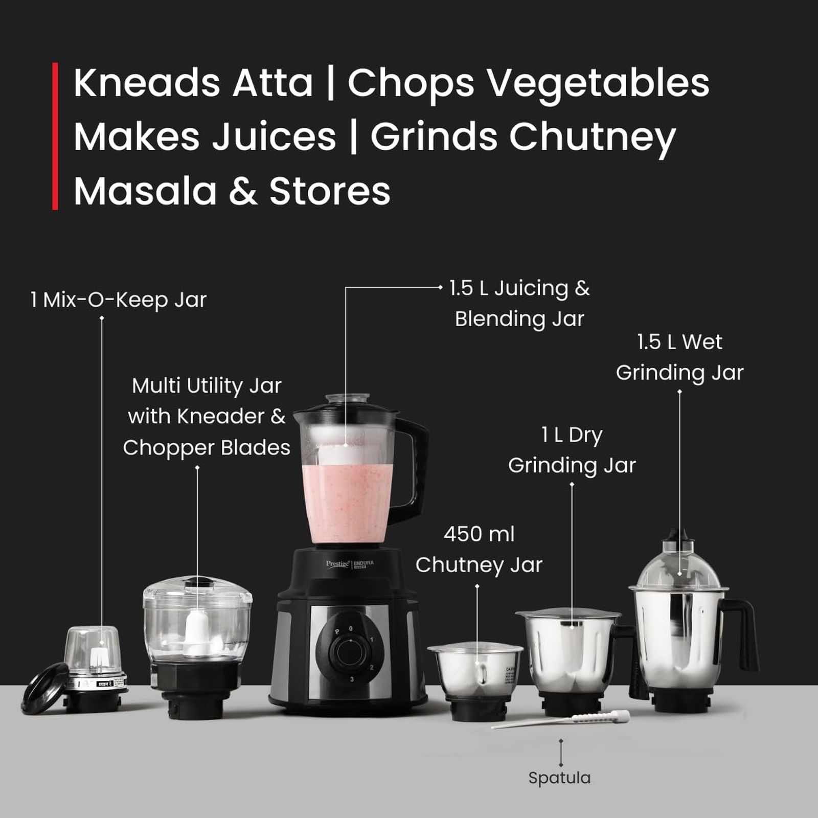 Prestige Endura 1000 Watt 6 Jars Mixer Grinder (Copper Motor, Black & Silver)_3