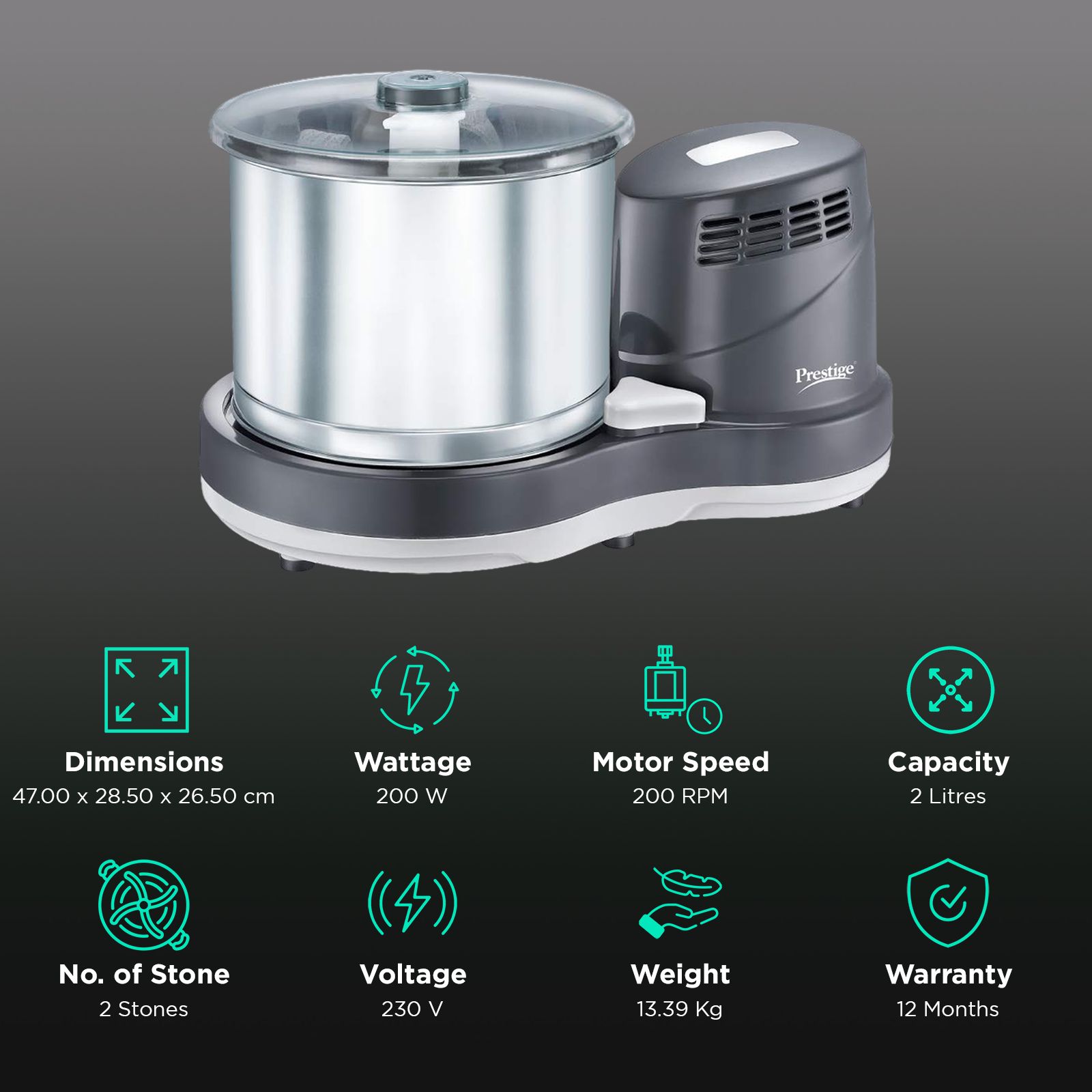 Prestige 2 Litres 2 Stones Wet Grinder (Stainless Steel Drum, Black) Prestige 2 Litres 2 Stones Wet Grinder (Stainless Steel Drum, Black)_2