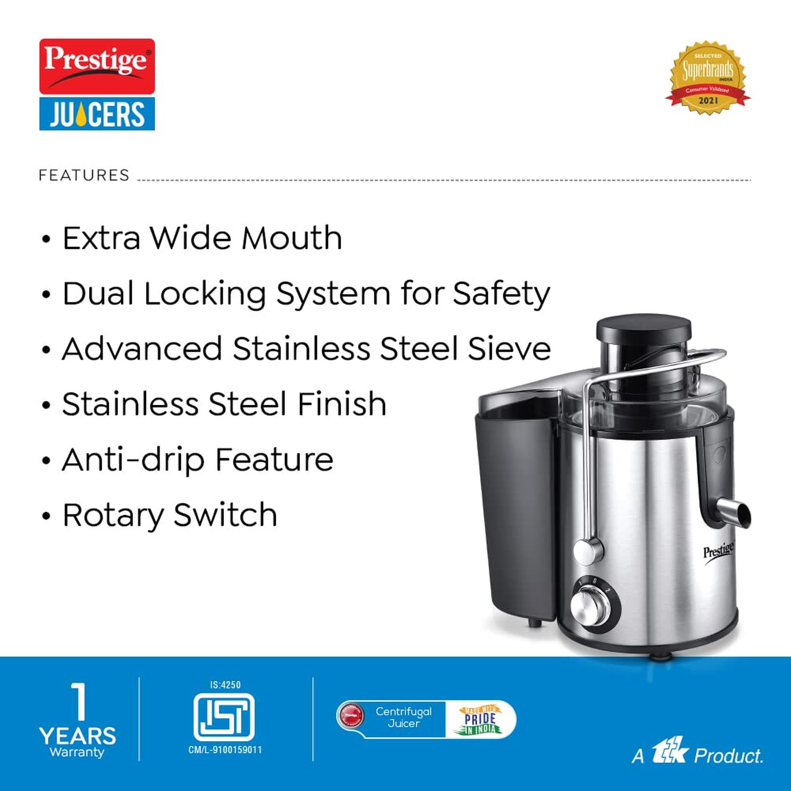 Prestige PCJ 7 500 Watt Centrifugal Juicer Mixer Grinder (Pulp Control, Black) Prestige PCJ 7 500 Watt Centrifugal Juicer Mixer Grinder (Pulp Control, Black)_5