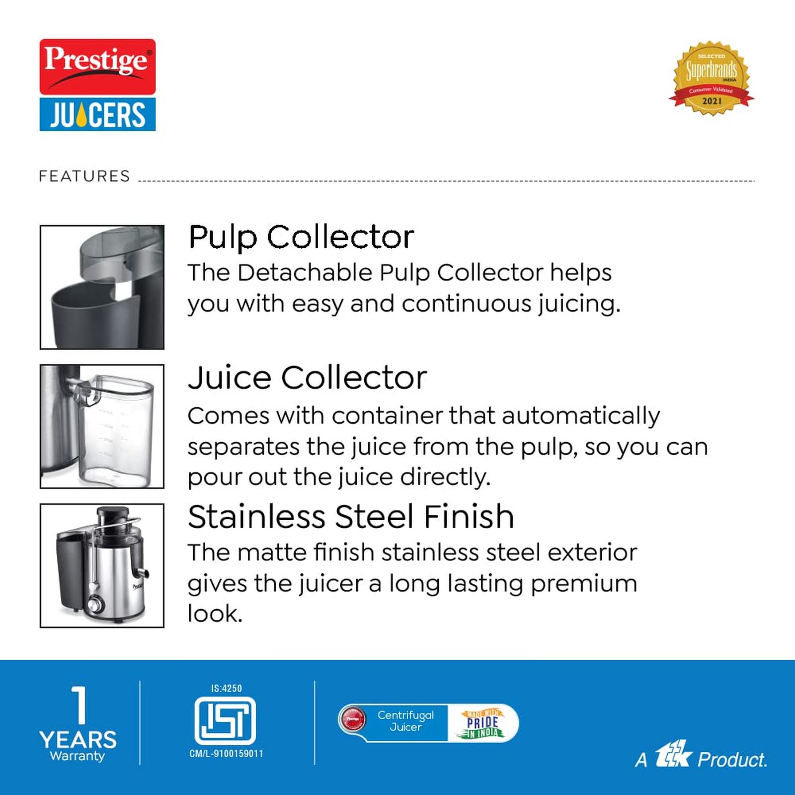 Prestige PCJ 7 500 Watt Centrifugal Juicer Mixer Grinder (Pulp Control, Black) Prestige PCJ 7 500 Watt Centrifugal Juicer Mixer Grinder (Pulp Control, Black)_6
