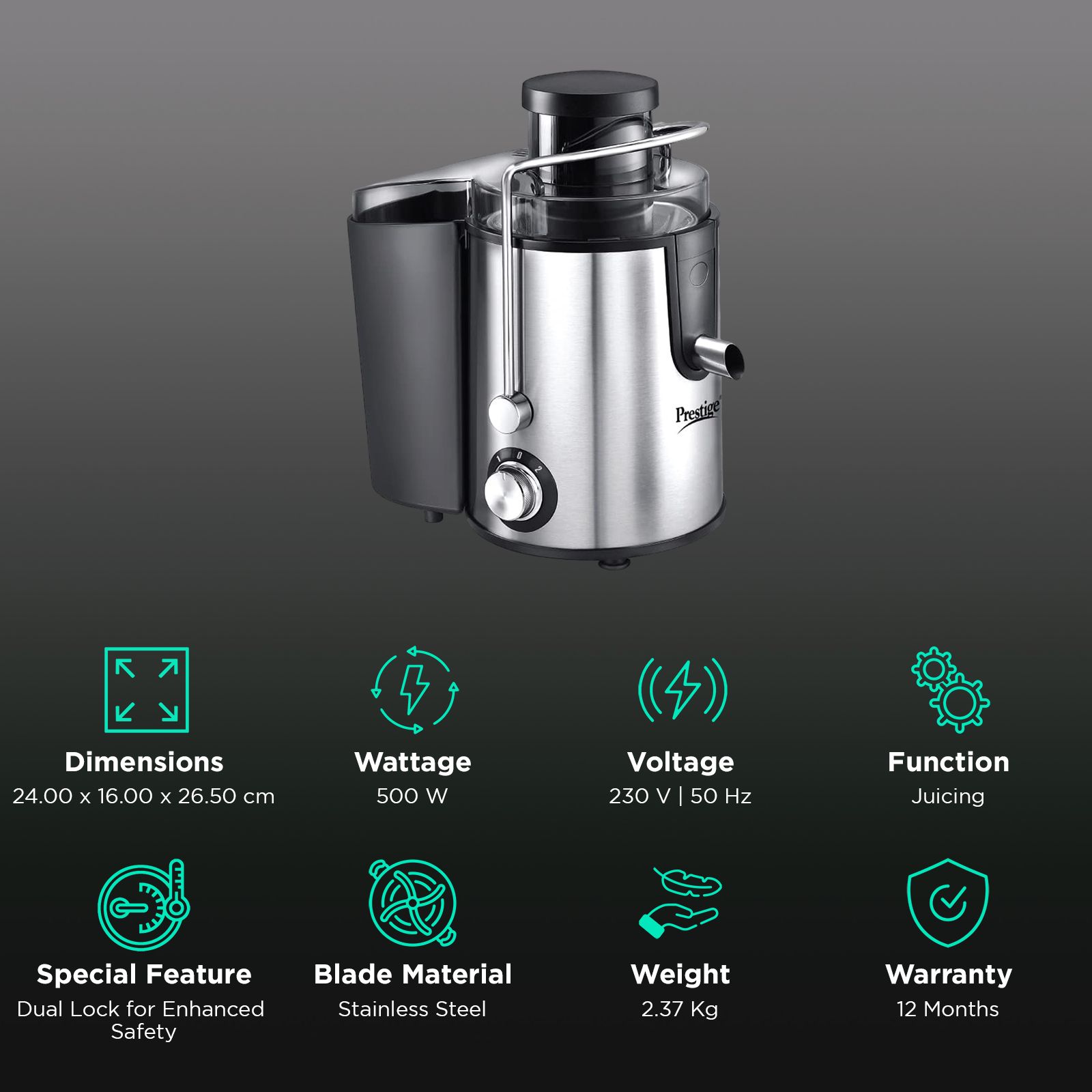 Prestige PCJ 7 500 Watt Centrifugal Juicer Mixer Grinder (Pulp Control, Black) Prestige PCJ 7 500 Watt Centrifugal Juicer Mixer Grinder (Pulp Control, Black)_3
