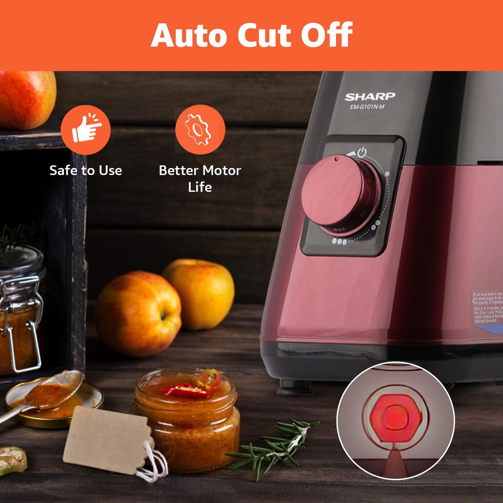 SHARP 1000 Watt 3 Jars Juicer Mixer Grinder (21000 RPM, Auto Cut Off, Maroon Metallic)_6