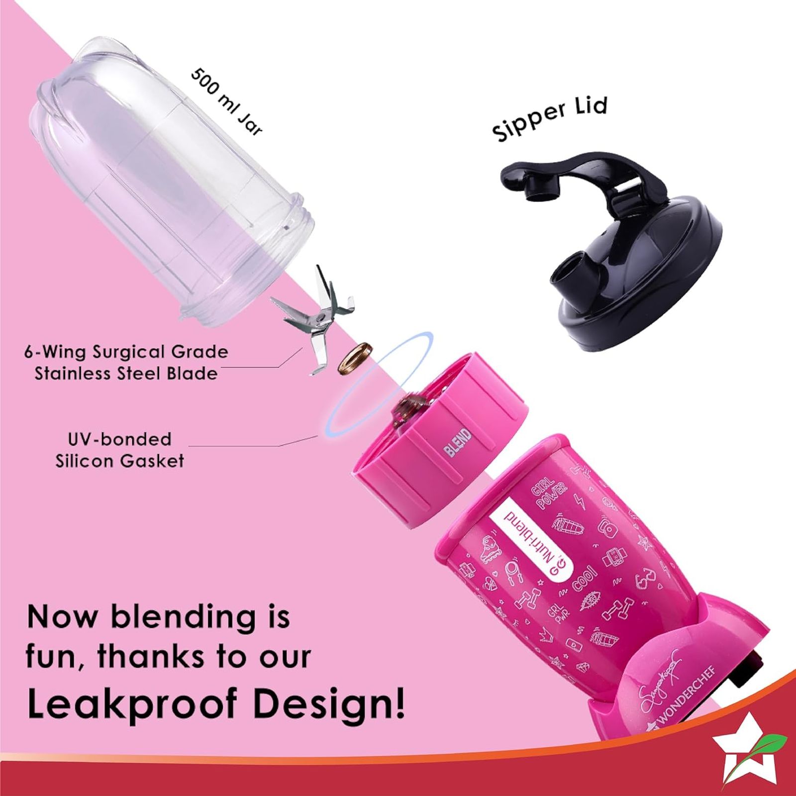 WONDERCHEF Nutri-Blend Go 400 Watt 1 Jar Mixer Grinder Blender (22000 RPM, Crafted for Fitness Enthusiasts, Pink) WONDERCHEF Nutri-Blend Go 400 Watt 1 Jar Mixer Grinder Blender (22000 RPM, Crafted for Fitness Enthusiasts, Pink)_8