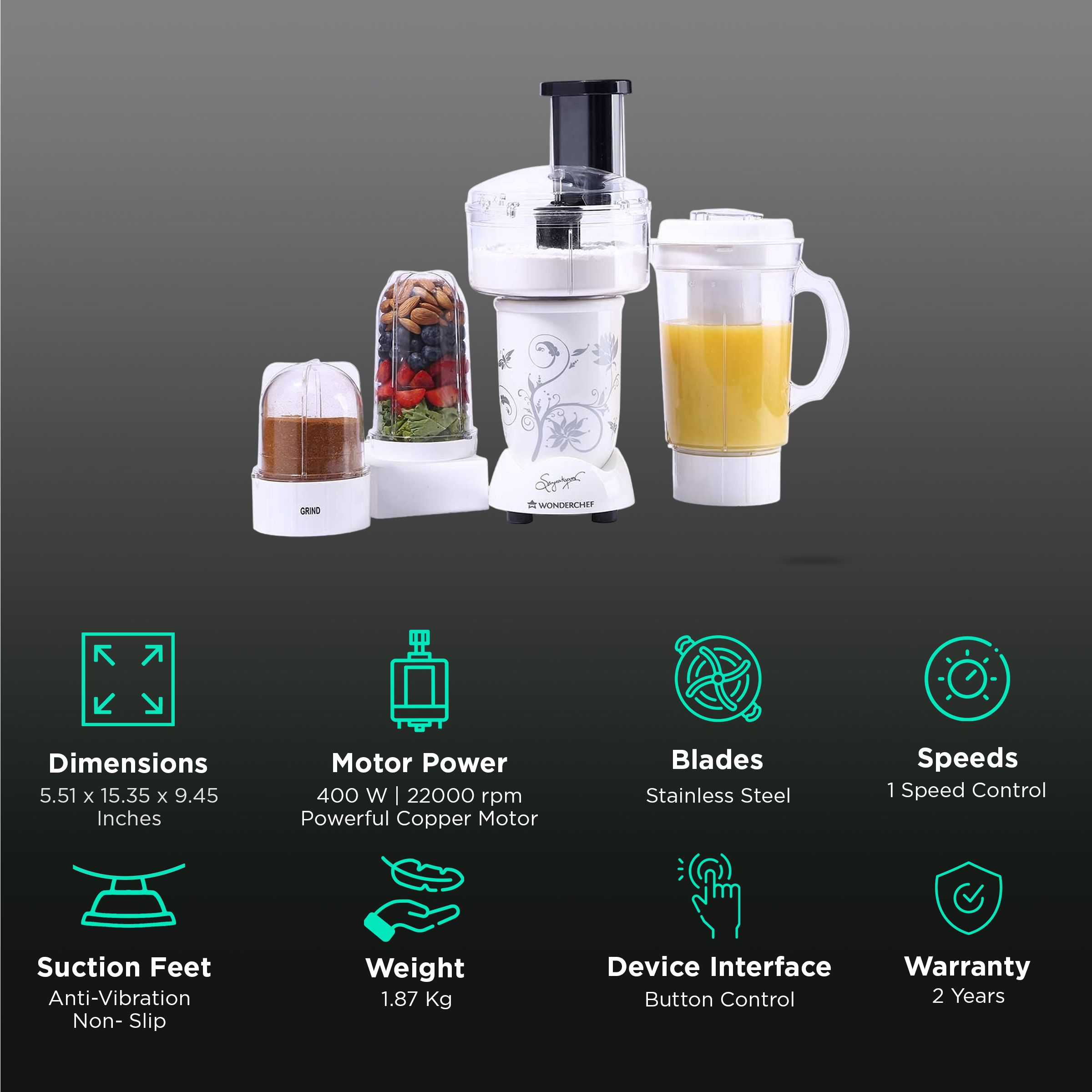 WONDERCHEF Nutri-Blend 400 Watt Food Processor with Stainless Steel Blades (White) WONDERCHEF Nutri-Blend 400 Watt Food Processor with Stainless Steel Blades (White)_2