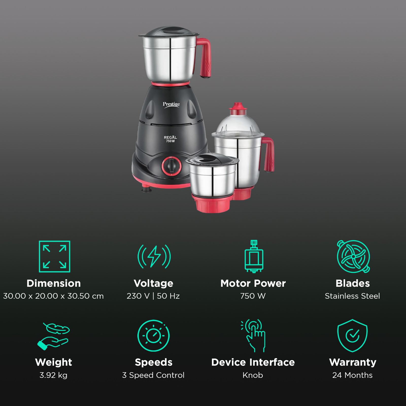 Prestige Regal 750 Watt 3 Jars Mixer Grinder (Sparkling Mirror Finish, Black & Red)_3