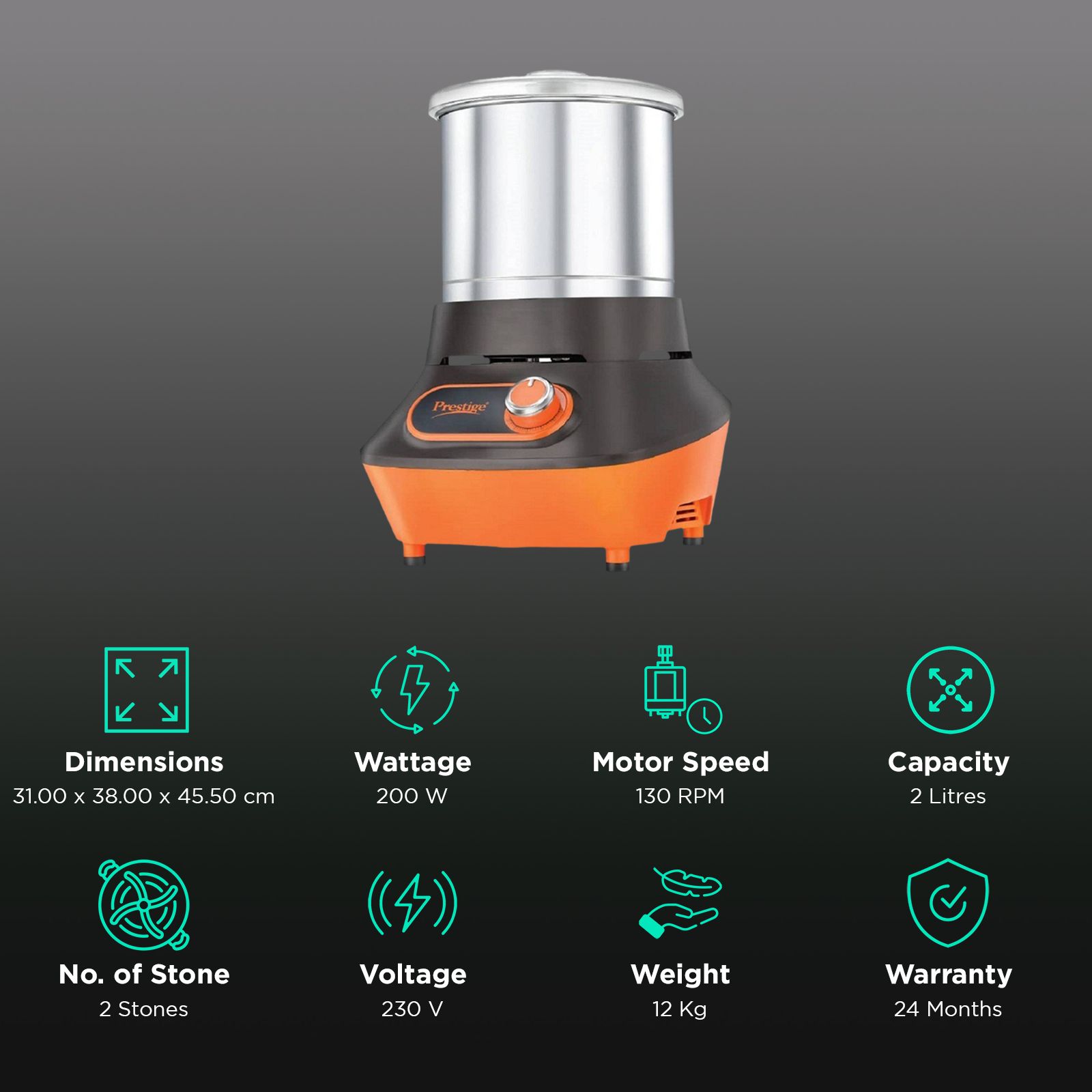 Prestige Vertical PVG 2.0 2 Litres 2 Stones Wet Grinder (Heavy Duty Motor, Black & Orange) Prestige Vertical PVG 2.0 2 Litres 2 Stones Wet Grinder (Heavy Duty Motor, Black & Orange)_3