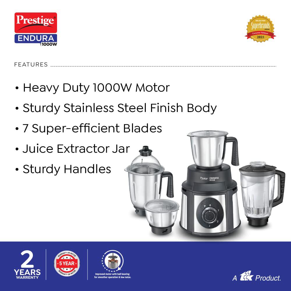Prestige Endura 1000 Watt 4 Jars Juicer Mixer Grinder (Ball Bearing Technology, Black & Silver)_9
