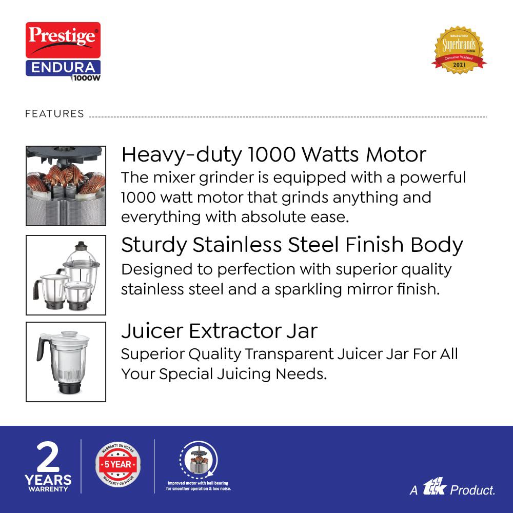 Prestige Endura 1000 Watt 4 Jars Juicer Mixer Grinder (Ball Bearing Technology, Black & Silver)_10
