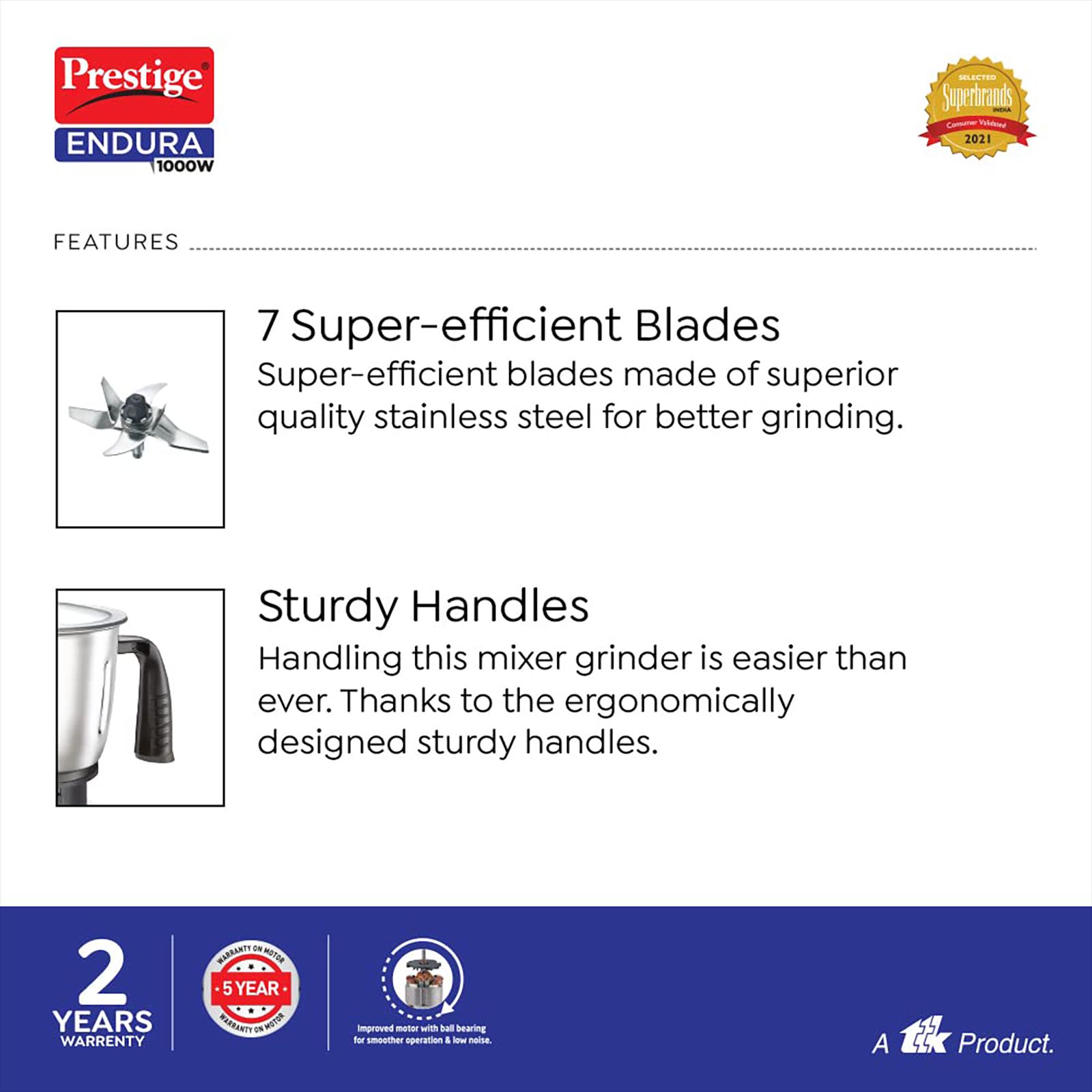 Prestige Endura 1000 Watt 4 Jars Juicer Mixer Grinder (Ball Bearing Technology, Black & Silver)_11