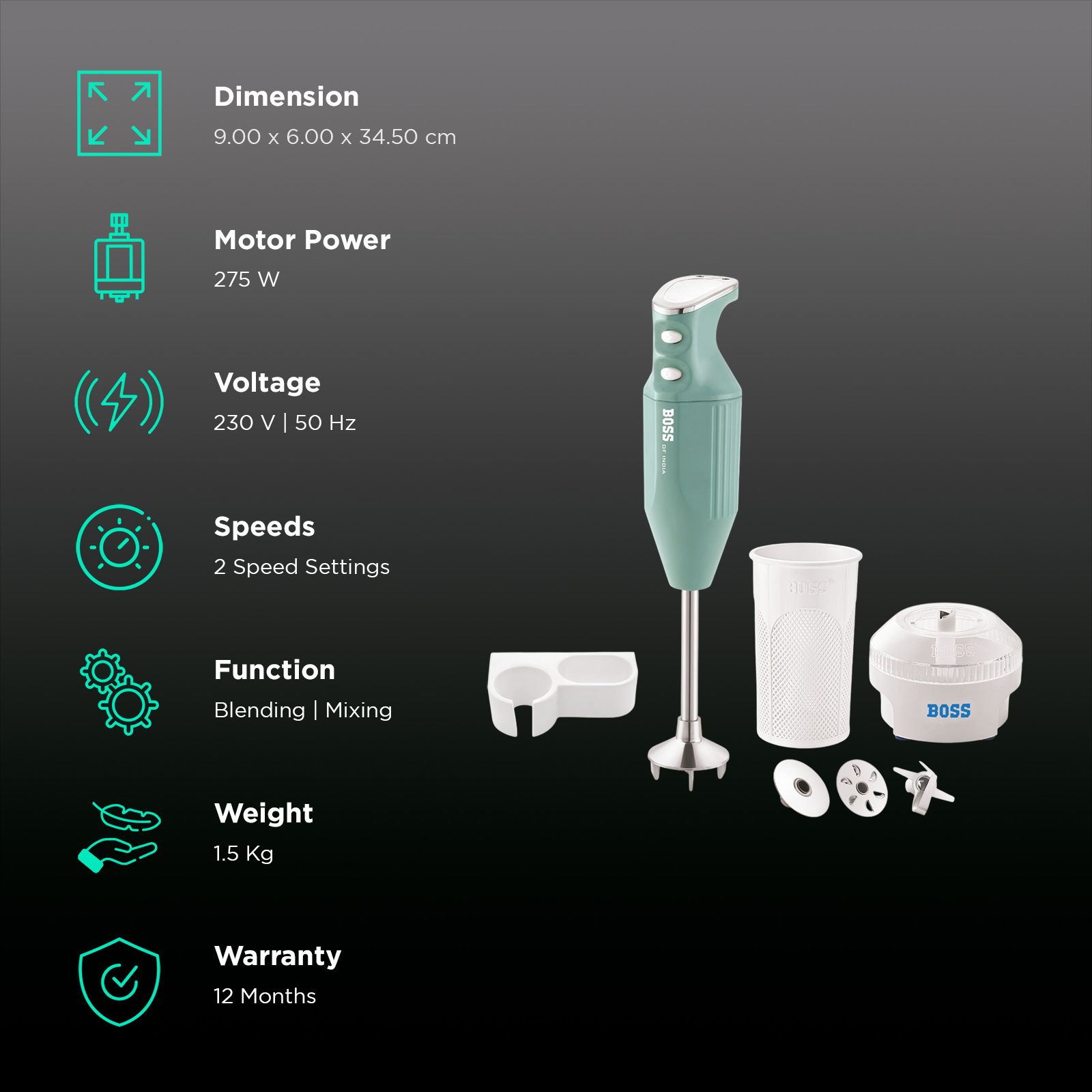 BOSS B146 275 Watt 2 Speed Hand Blender with 4 Attachments (Variable Speed Setting, Light Blue) BOSS B146 275 Watt 2 Speed Hand Blender with 4 Attachments (Variable Speed Setting, Light Blue)_2