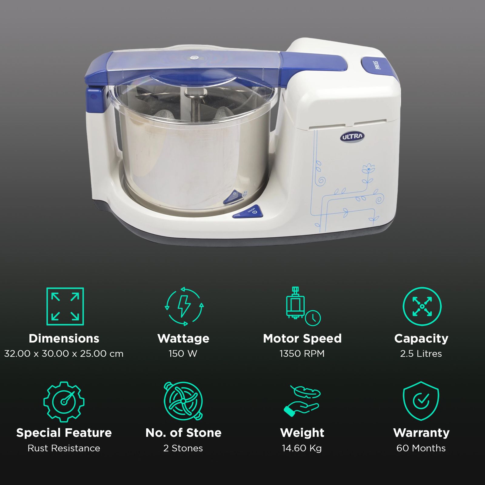 Elgi Ultra Bigg Plus 2.5 Litres 2 Stones Wet Grinder (Multi Utility Drum, White)_2