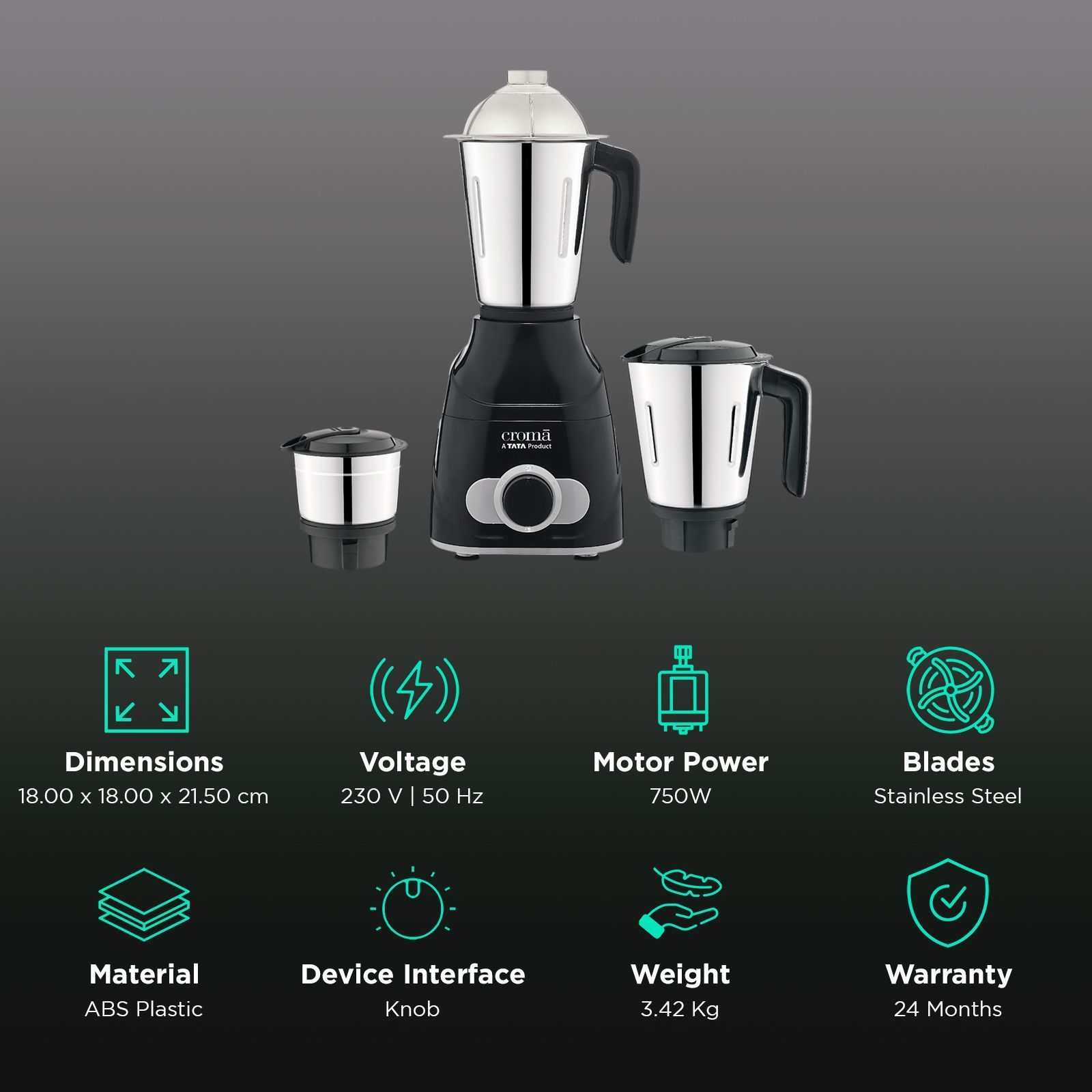 Croma 750 Watt 3 Jars Mixer Grinder (Easy Cleaning, Black)_2