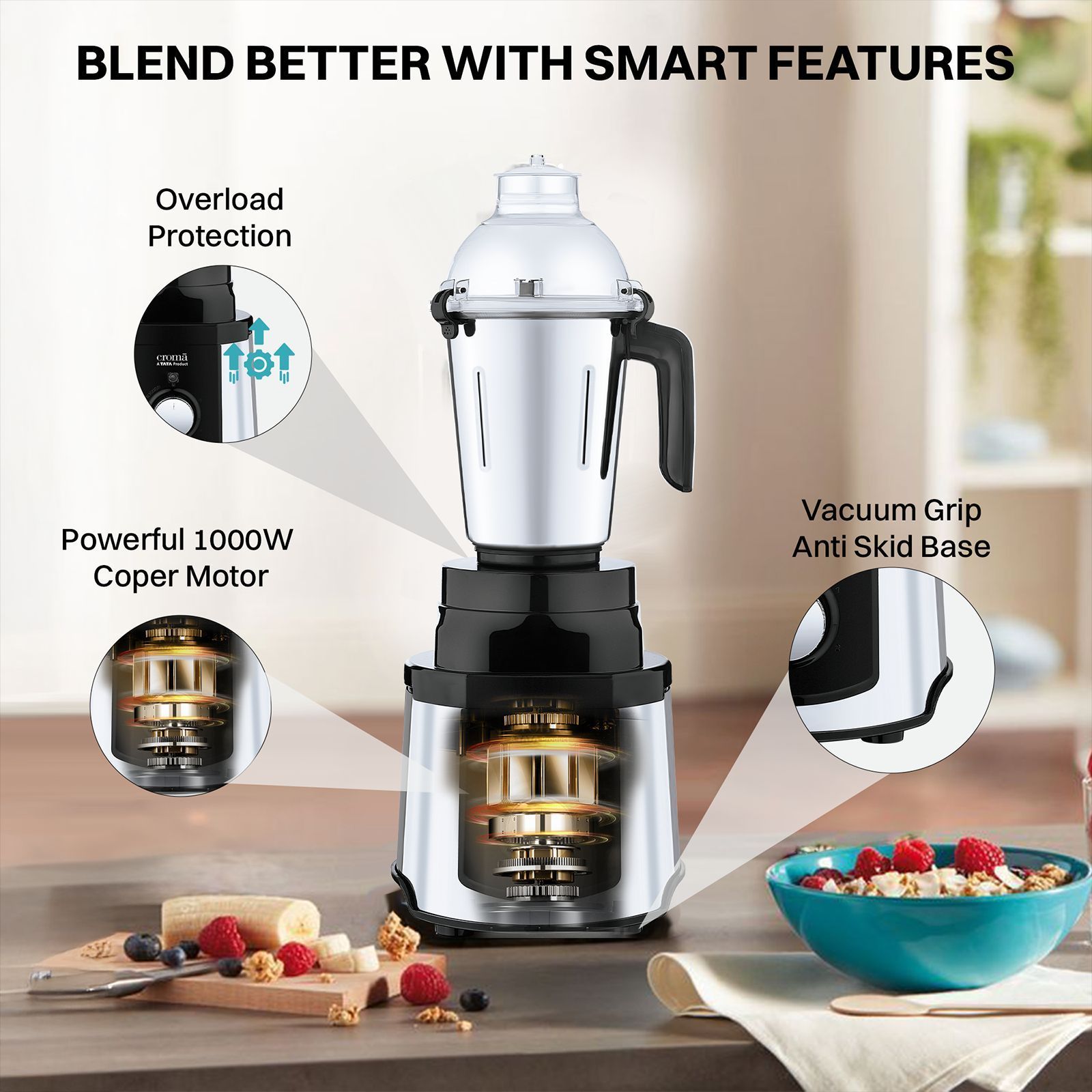 Croma 1000 Watt 4 Jars Mixer Grinder (20000 RPM,Copper Motor, Black & Silver)_8