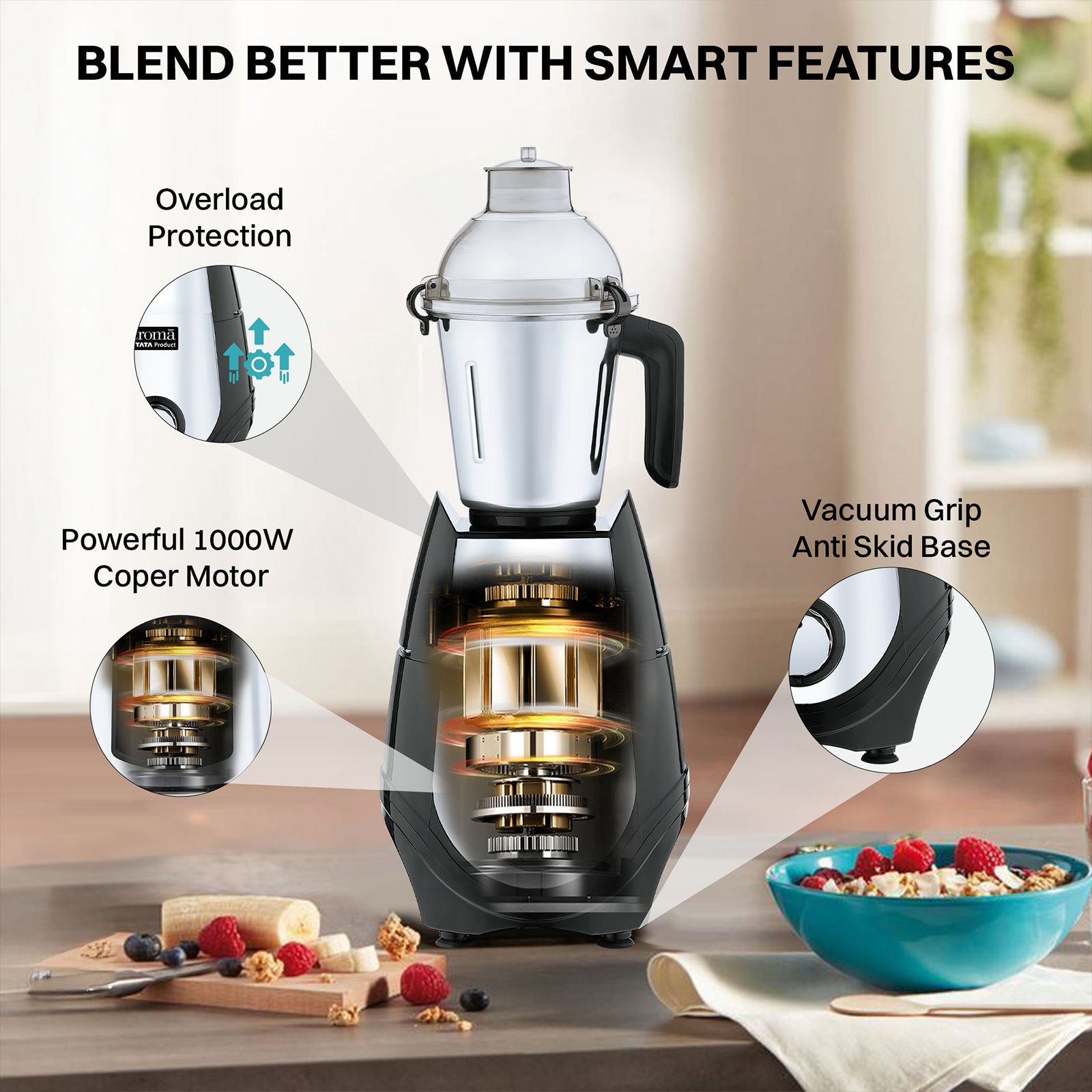 Croma 1000 Watt 4 Jars Juicer Mixer Grinder (20000 RPM, Copper Motor, Black & Silver) Croma 1000 Watt 4 Jars Juicer Mixer Grinder (20000 RPM, Copper Motor, Black & Silver)_8