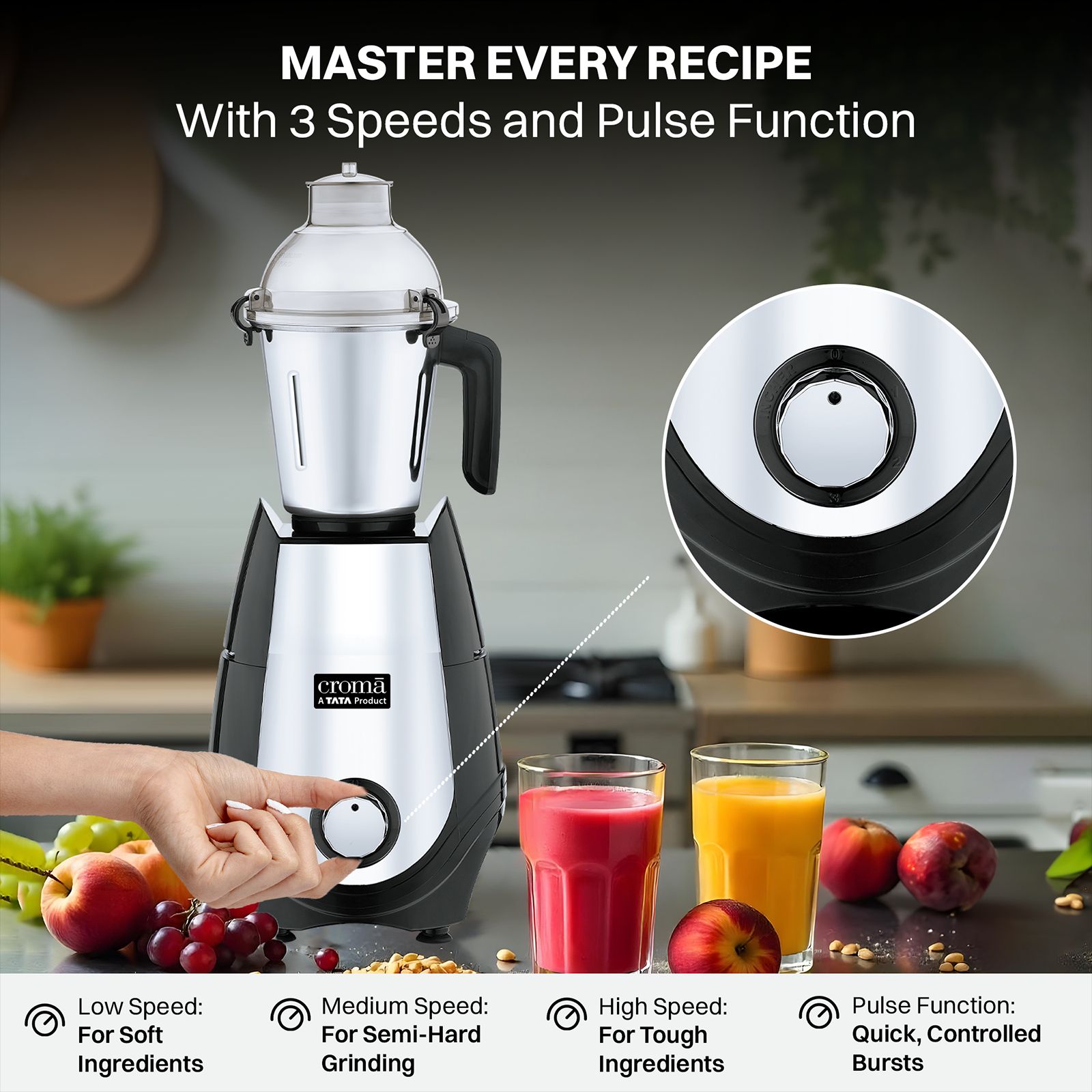 Croma 1000 Watt 4 Jars Juicer Mixer Grinder (20000 RPM, Copper Motor, Black & Silver) Croma 1000 Watt 4 Jars Juicer Mixer Grinder (20000 RPM, Copper Motor, Black & Silver)_11