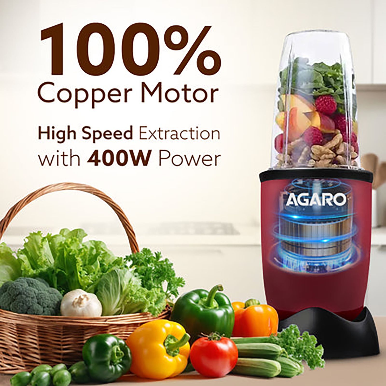 AGARO Regal 400 Watt 3 Jars Mixer Grinder, Juicer Blender (Safety Interlock Mechanism, Red) AGARO Regal 400 Watt 3 Jars Mixer Grinder, Juicer Blender (Safety Interlock Mechanism, Red)_5